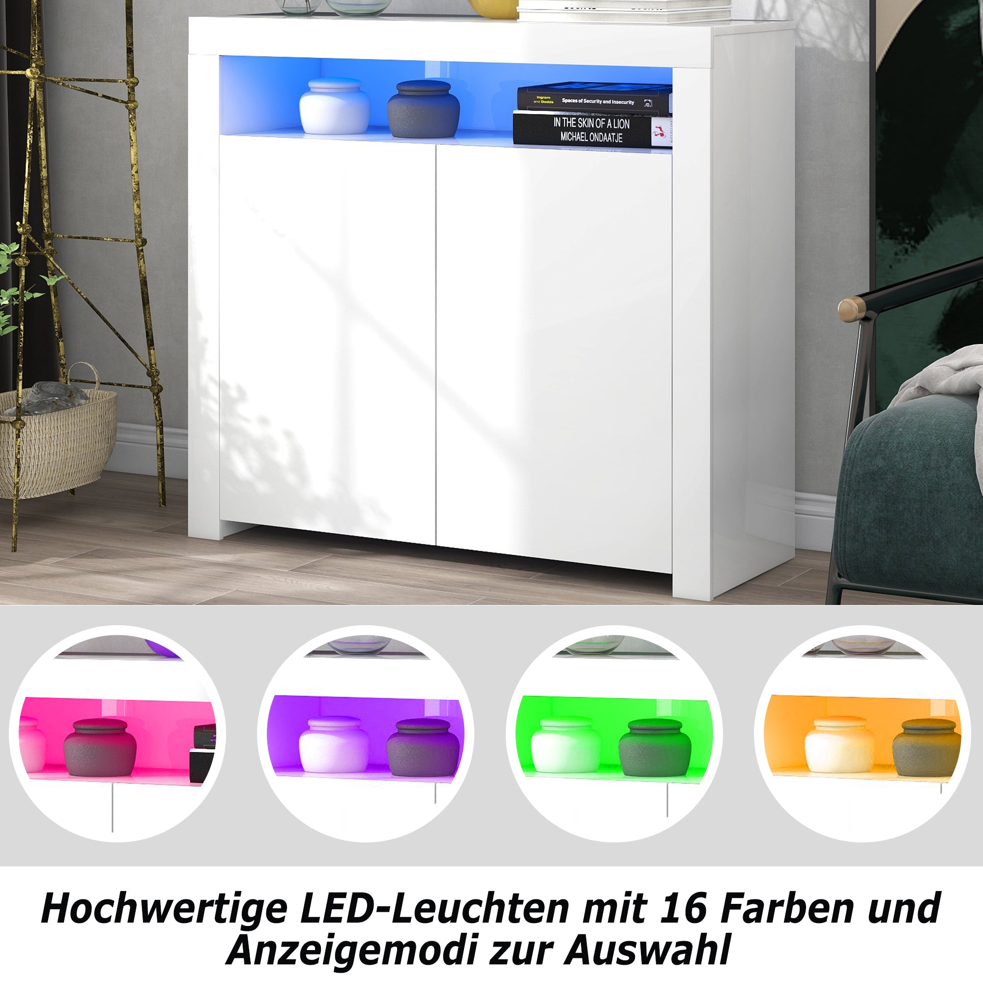 Chest of drawers Sideboard storage cabinet with LED light, white high gloss