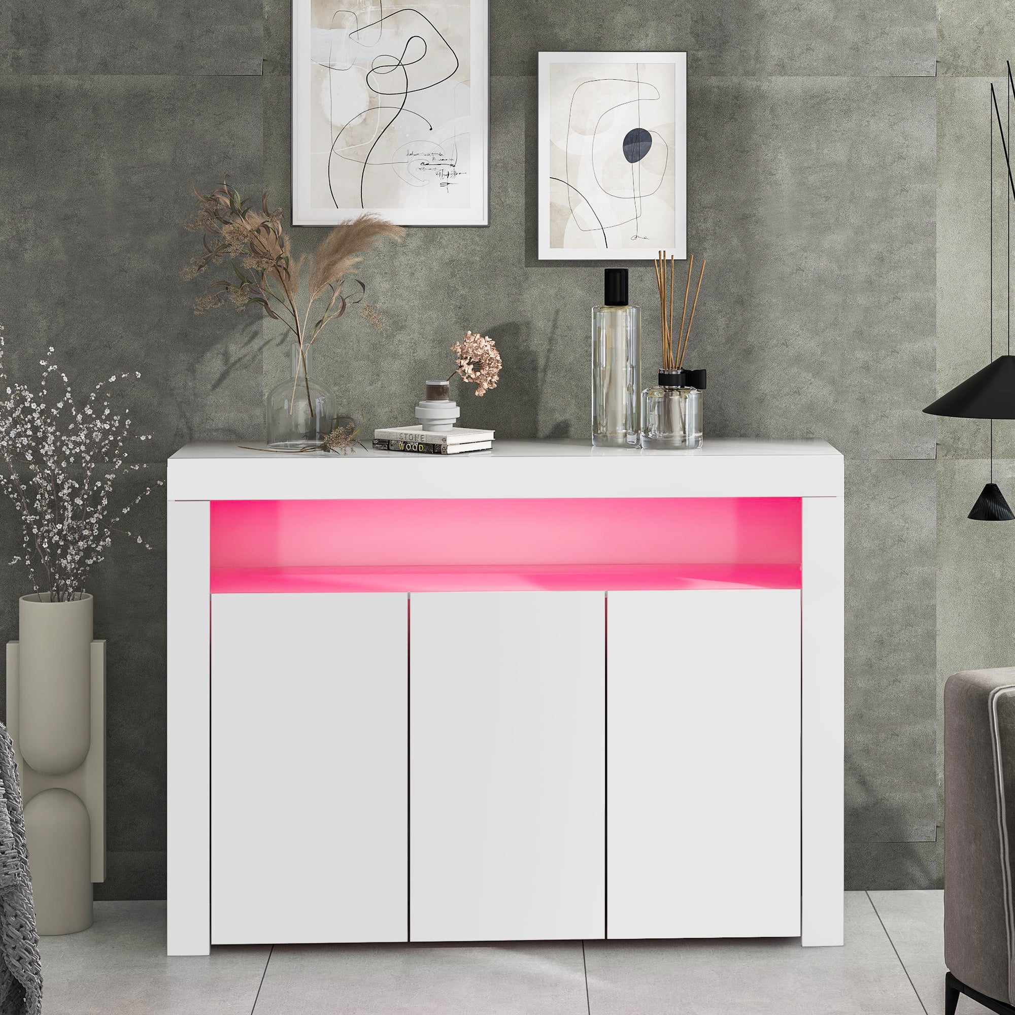 Sideboard Display Cabinet, Modern 3-Door Buffet Storage LED Lights, High-Gloss White Wooden