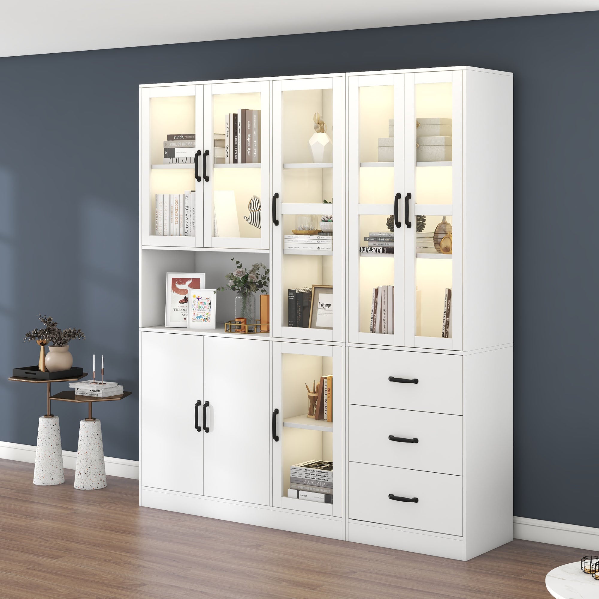 Display Cabinet Set, Modern Combination with LED Lighting, 8 Doors, 3 Drawers, White