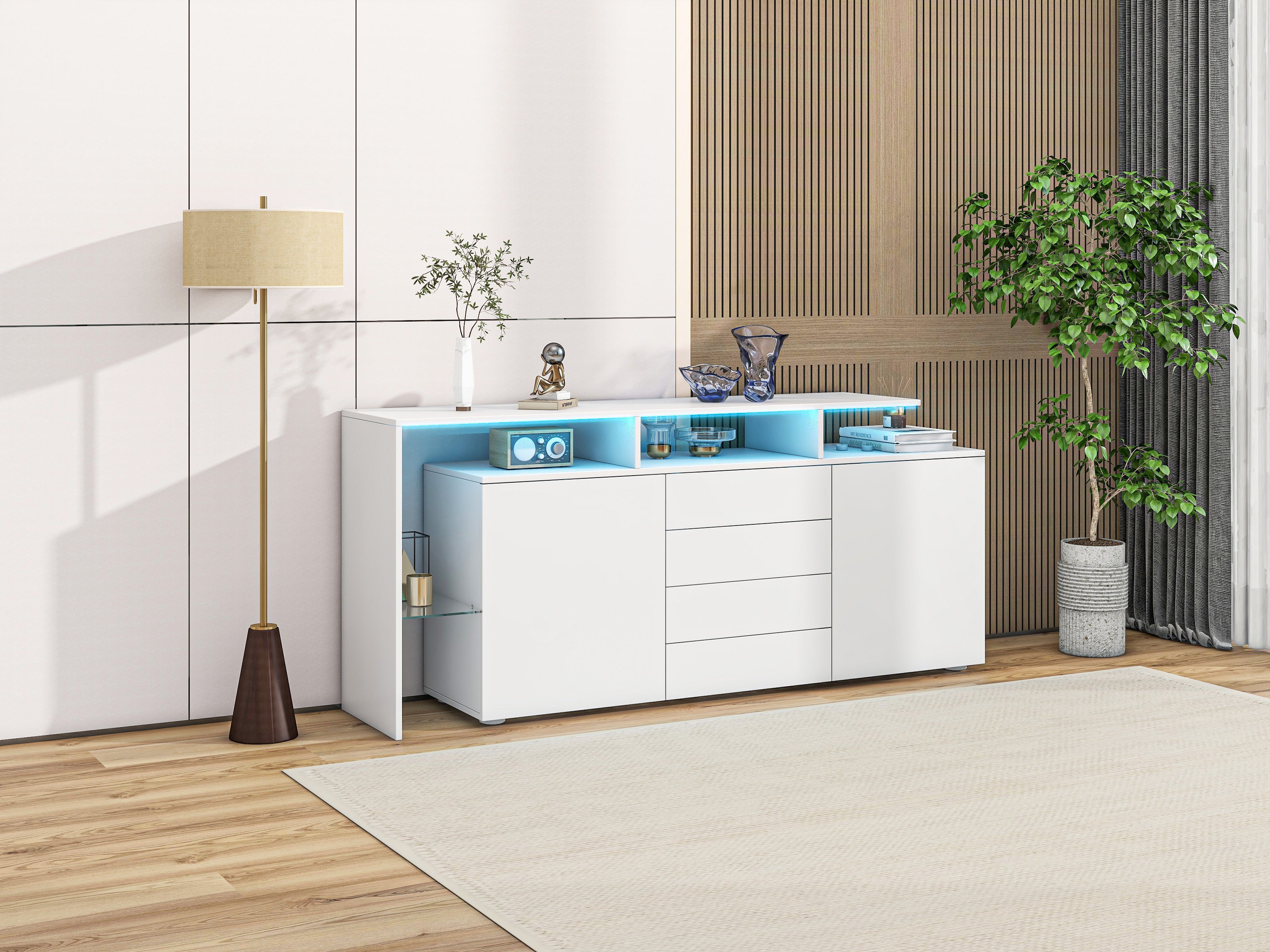 Sideboard Chest of Drawers Highboard with LED Lighting Multi-Purpose High-Gloss White