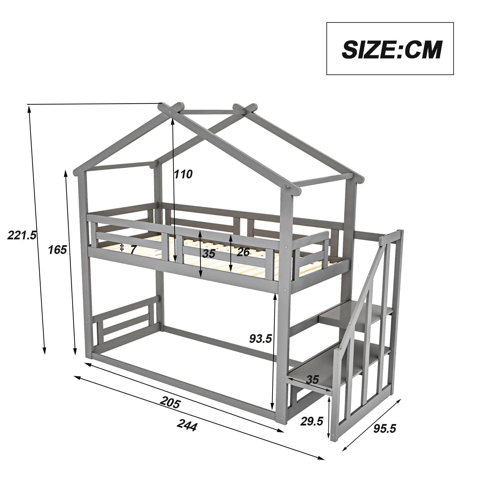 Children's Bed 90x200cm, Low Bunk Bed with Safety Stairs, Solid Wood, Grey
