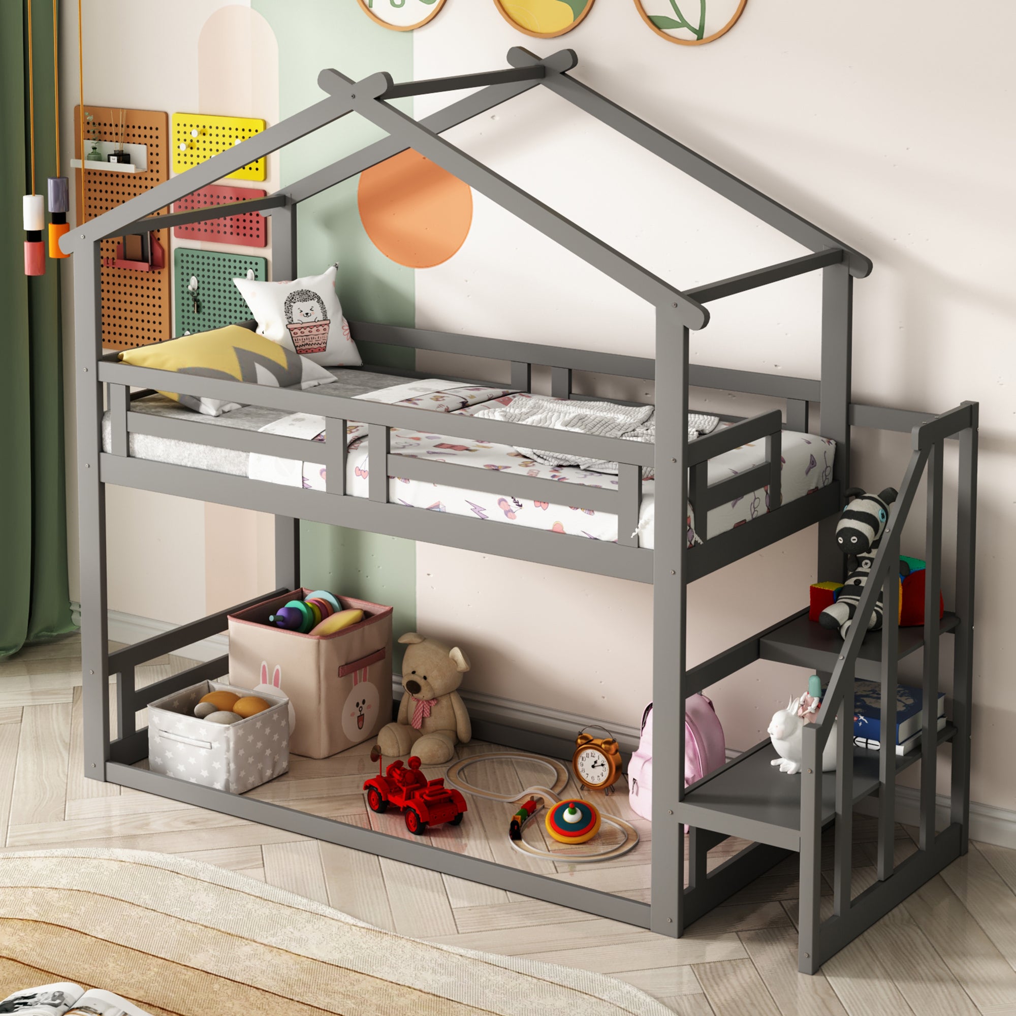 Children's Bed 90x200cm, Low Bunk Bed with Safety Stairs, Solid Wood, Grey