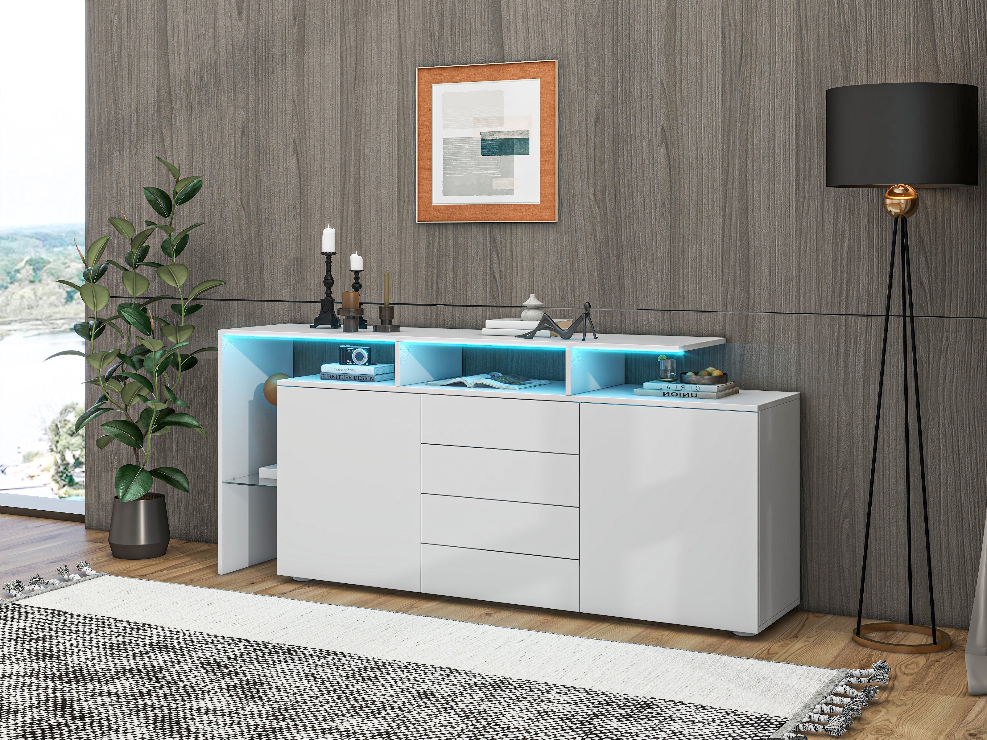 Sideboard Chest of Drawers Highboard with LED Lighting Multi-Purpose High-Gloss White