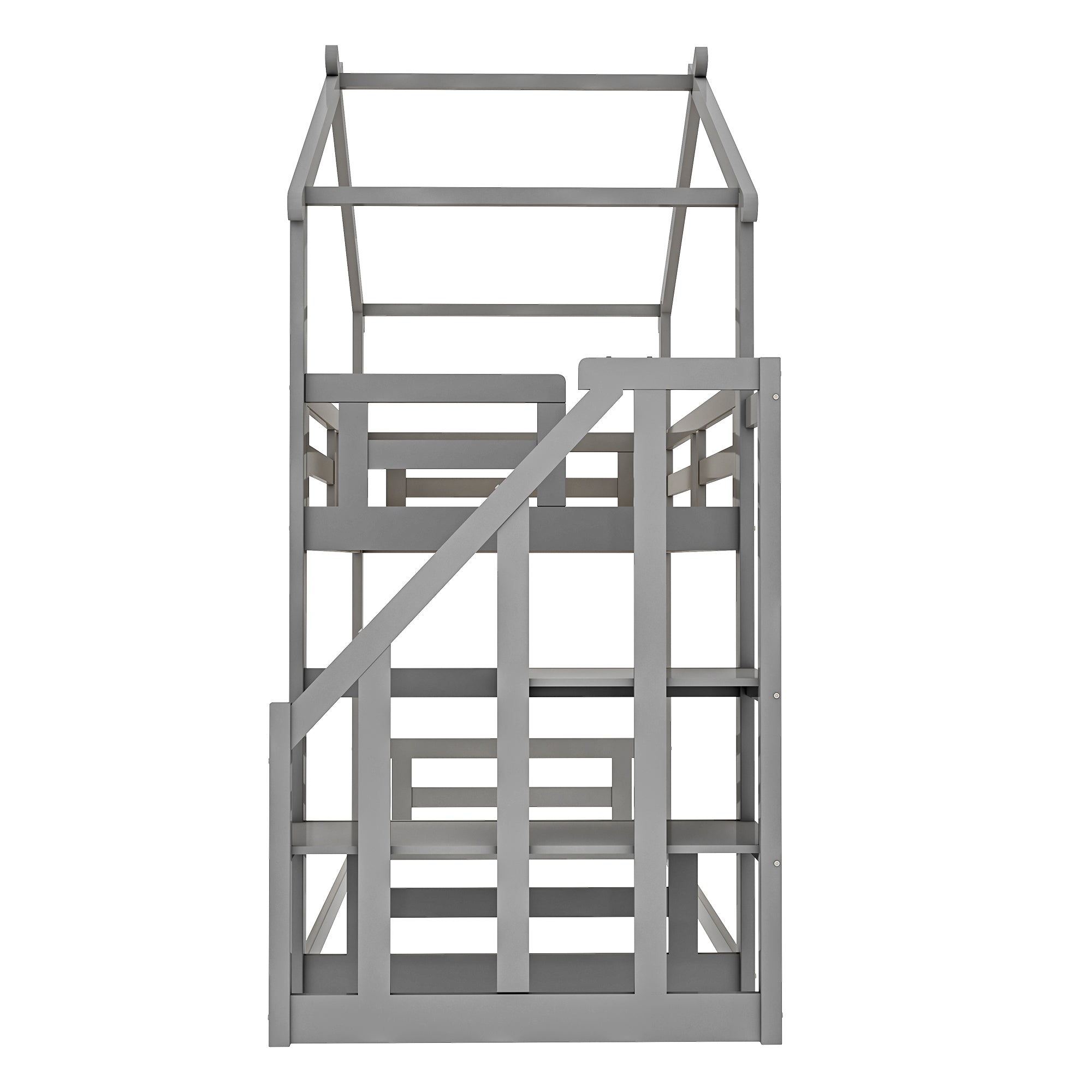 Children's Bed 90x200cm, Low Bunk Bed with Safety Stairs, Solid Wood, Grey