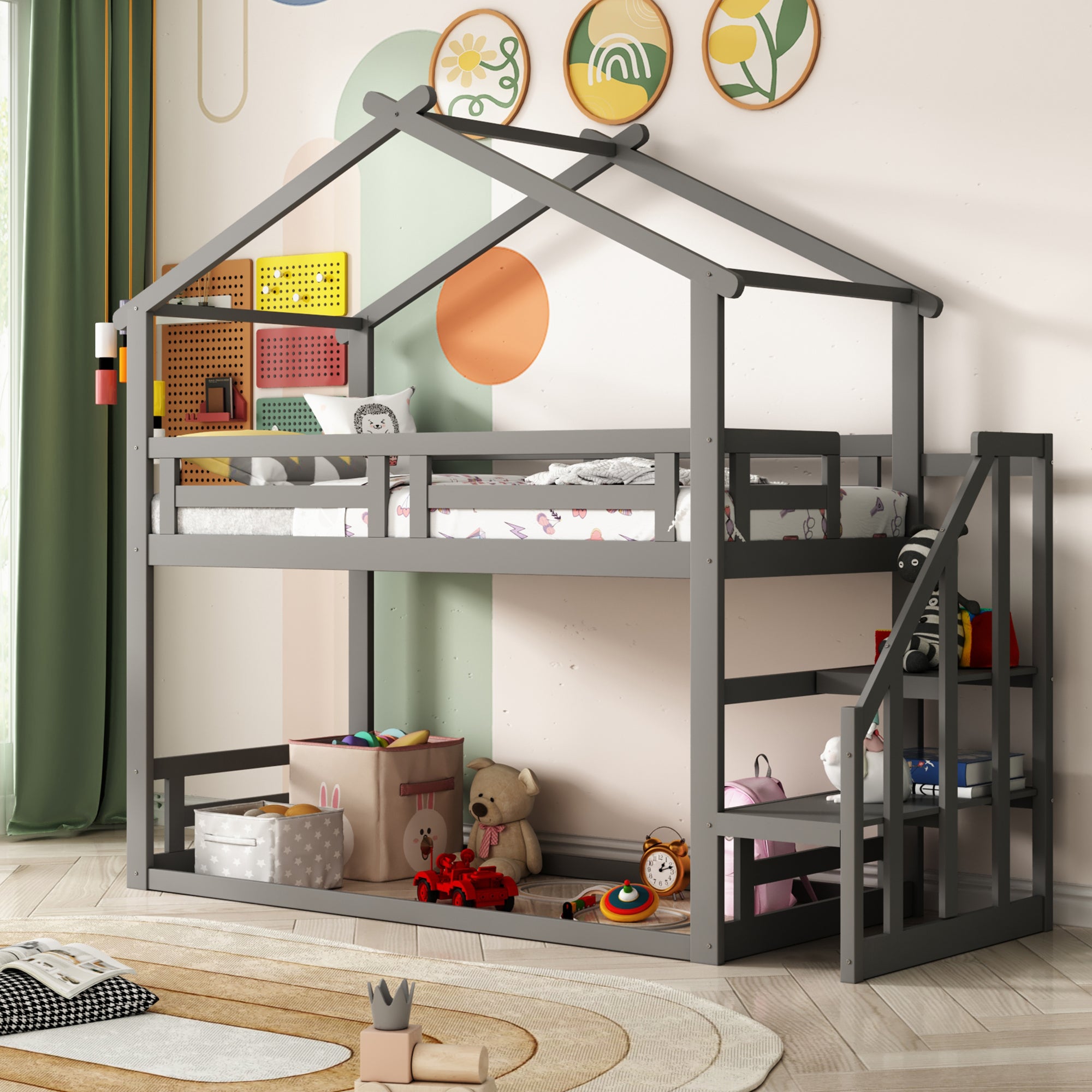 Children's Bed 90x200cm, Low Bunk Bed with Safety Stairs, Solid Wood, Grey