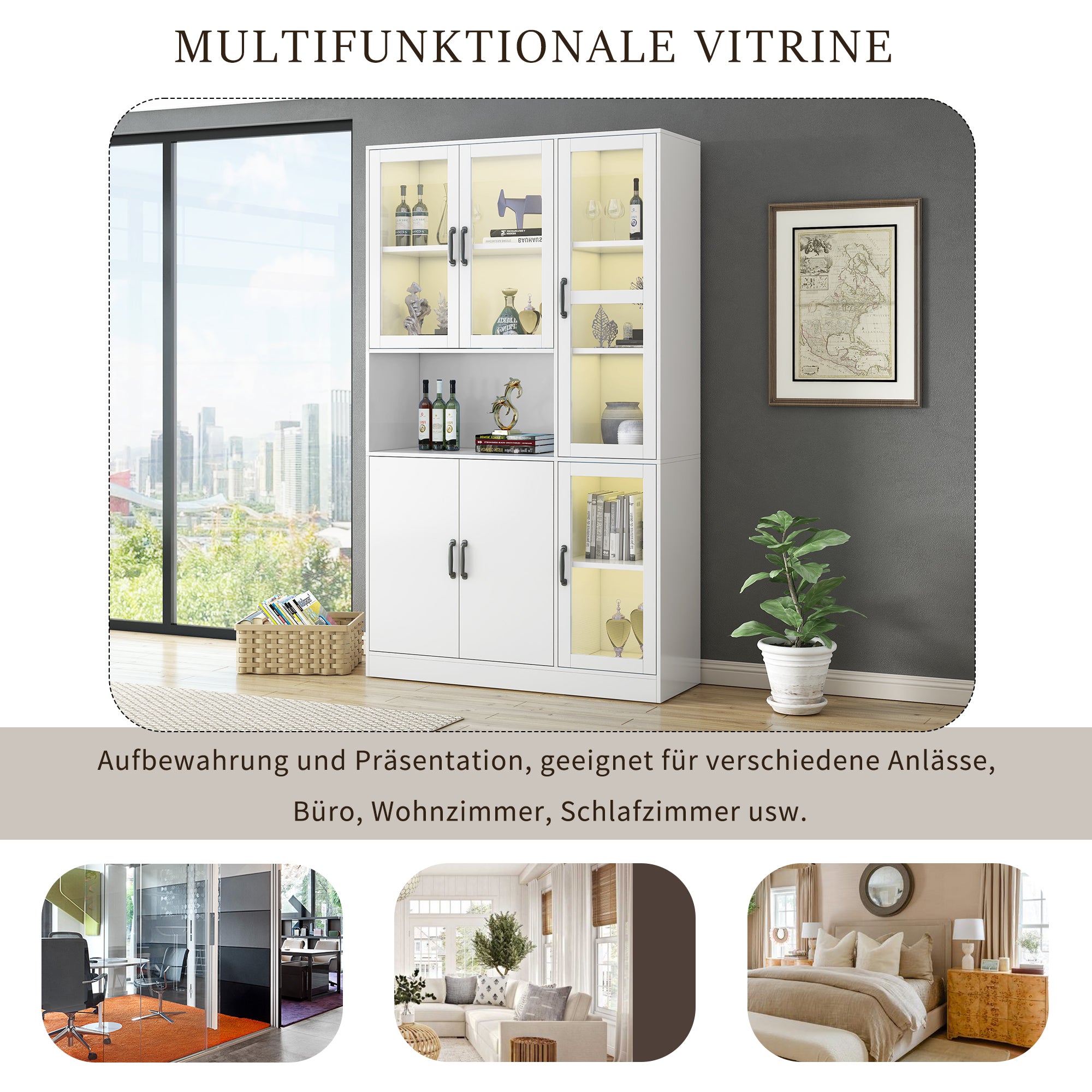 Display Cabinet Bookcase, LED Light, White