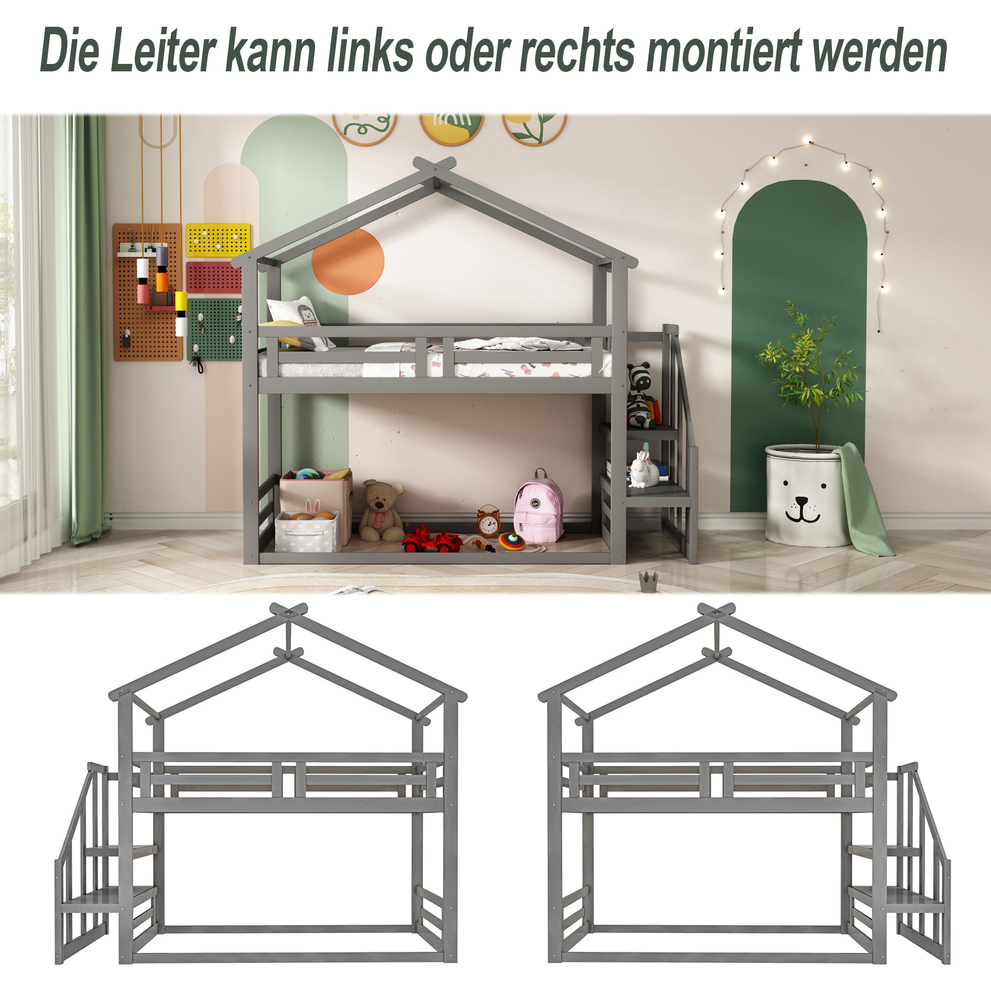 Children's Bed 90x200cm, Low Bunk Bed with Safety Stairs, Solid Wood, Grey