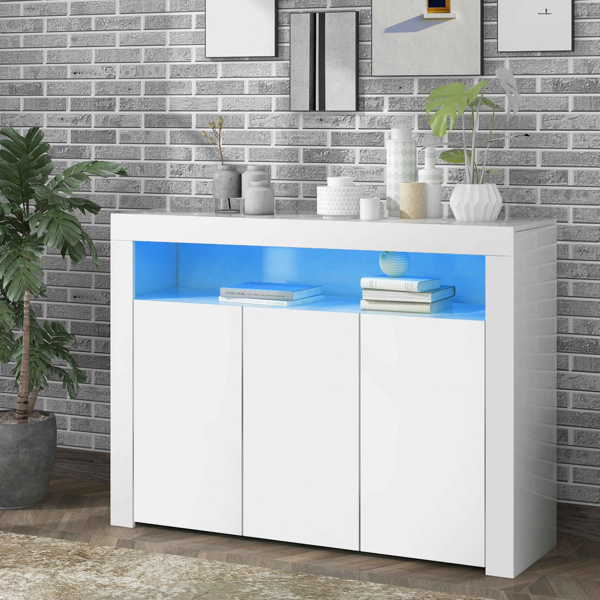 Sideboard Display Cabinet, Modern 3-Door Buffet Storage LED Lights, High-Gloss White Wooden