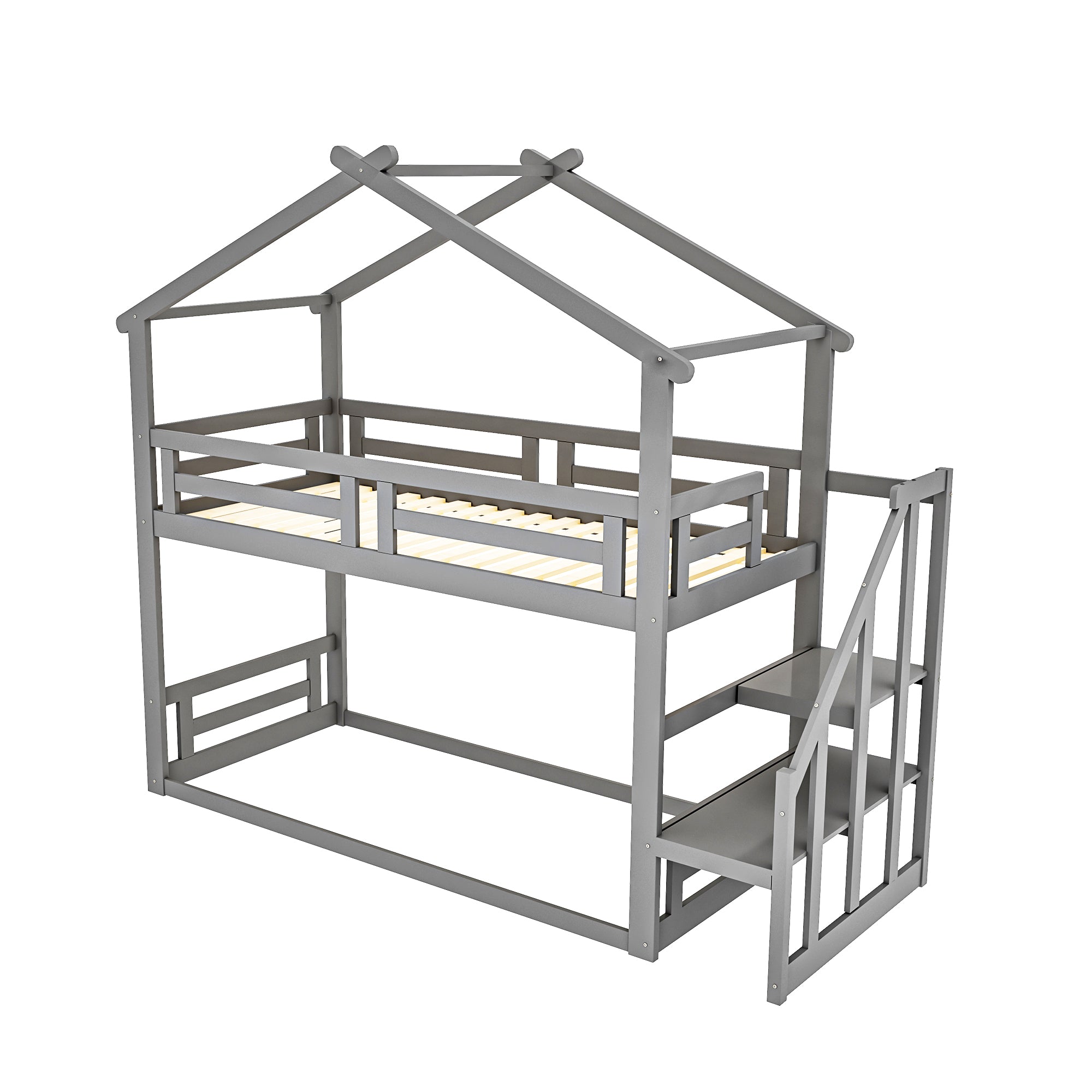 Children's Bed 90x200cm, Low Bunk Bed with Safety Stairs, Solid Wood, Grey