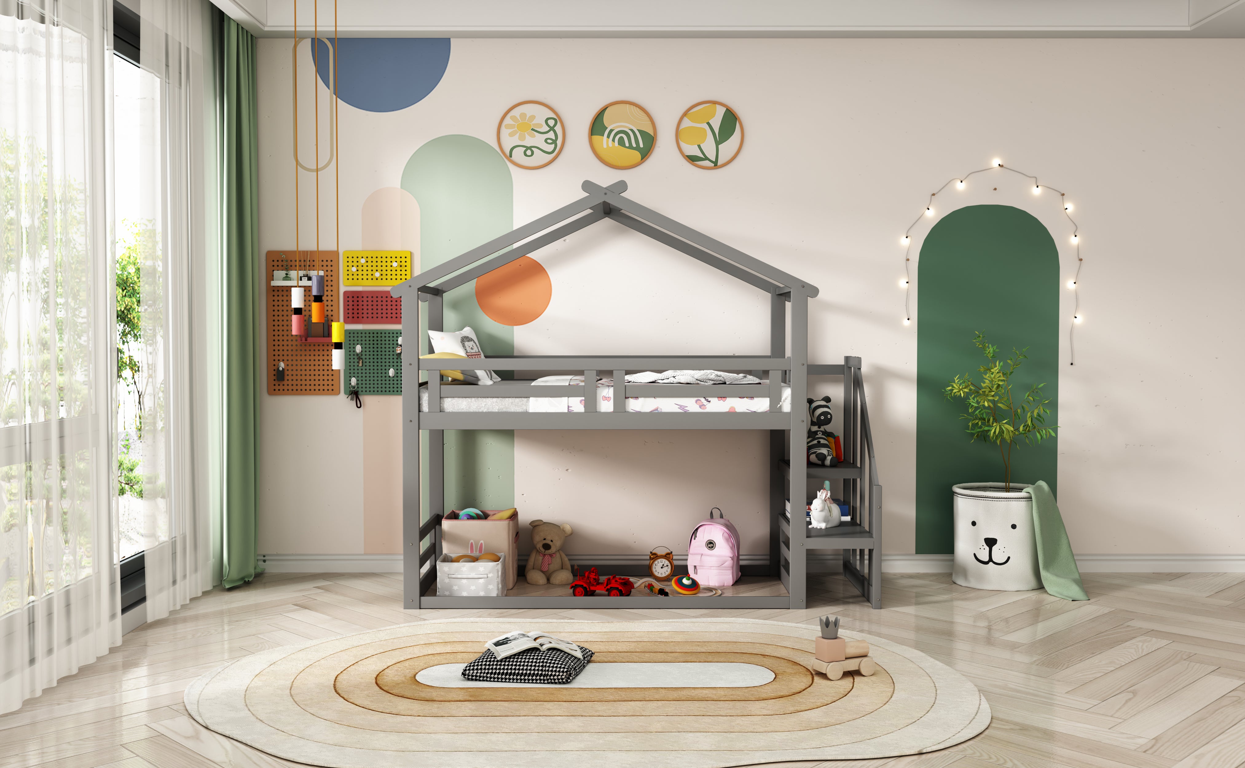 Children's Bed 90x200cm, Low Bunk Bed with Safety Stairs, Solid Wood, Grey