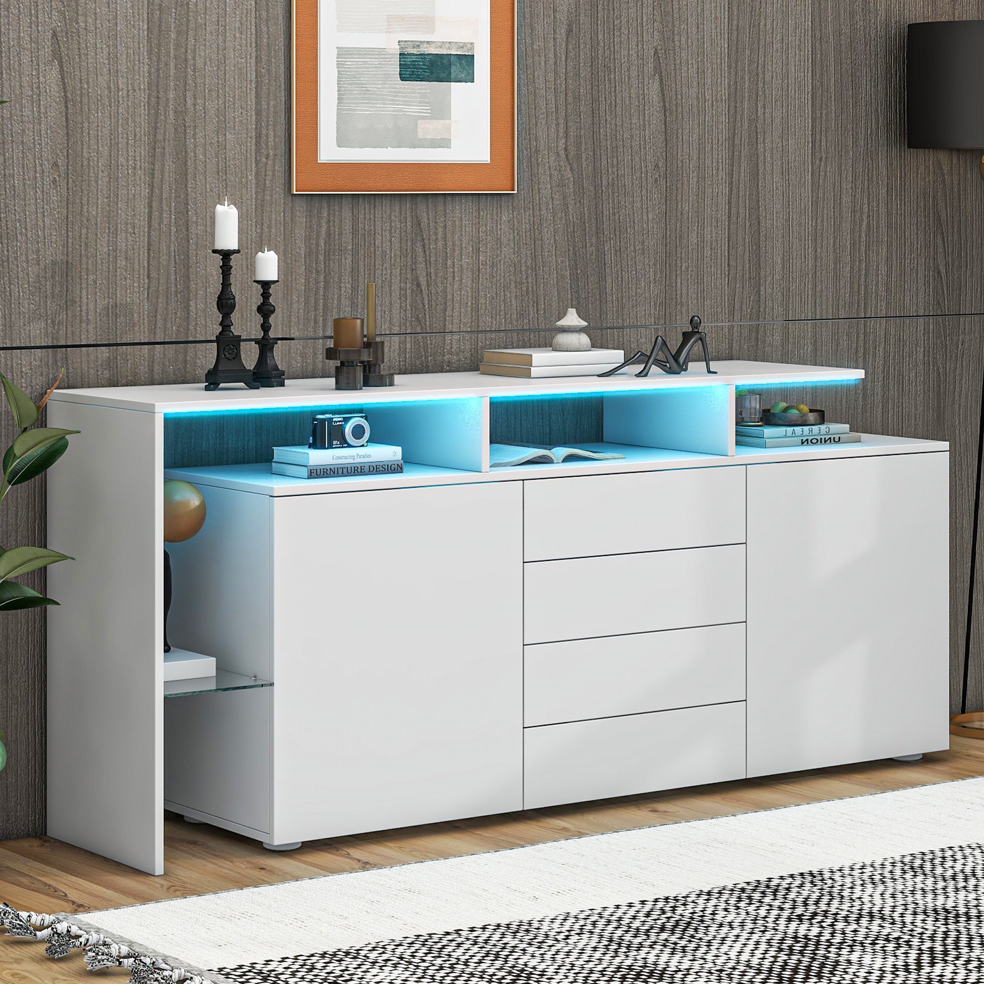 Sideboard Chest of Drawers Highboard with LED Lighting Multi-Purpose High-Gloss White