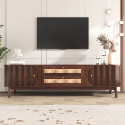 TV Cabinet - Natural Walnut Color Mixed TV Panel with Rattan Drawers