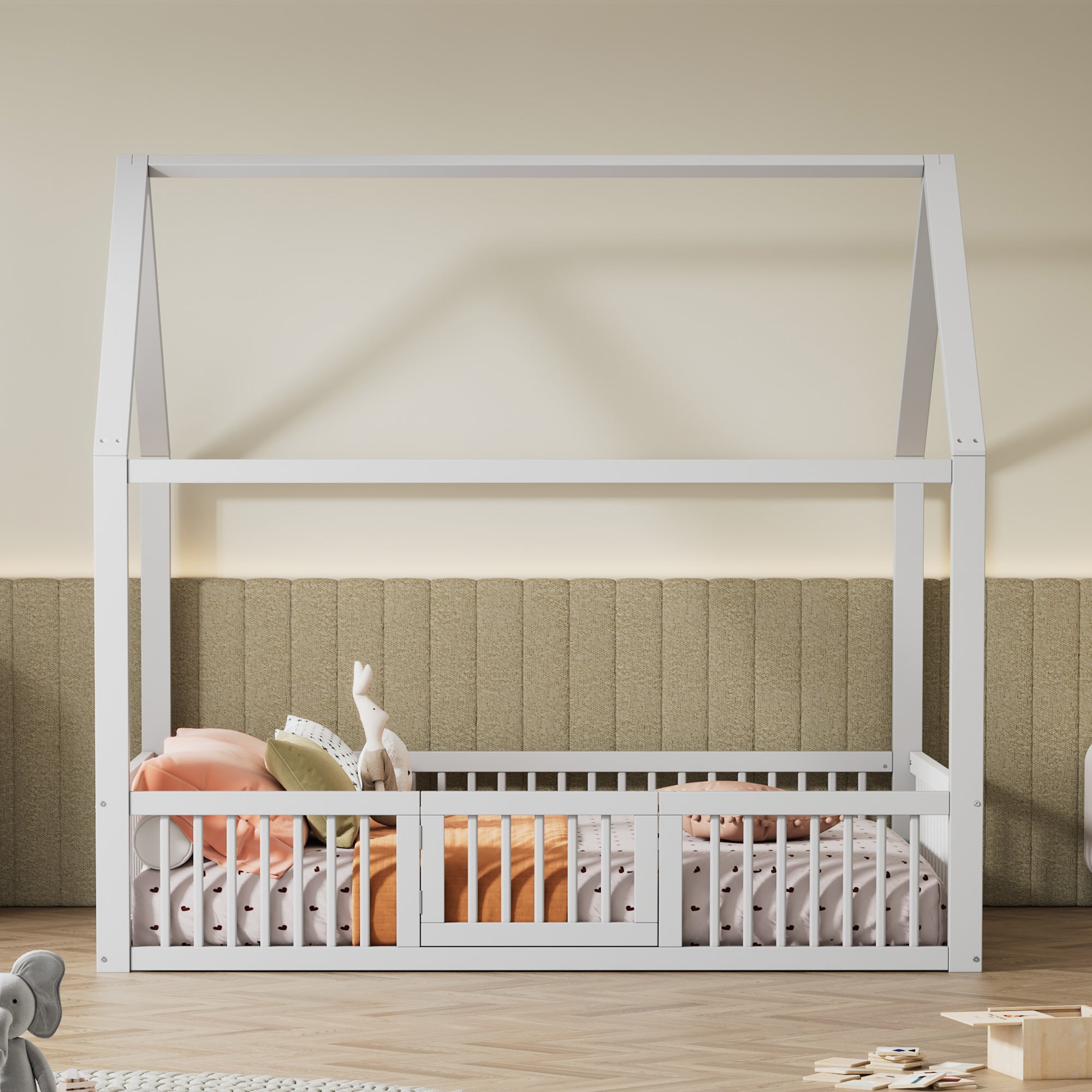 House Bed 140x200cm Double with Door - Solid Wood White