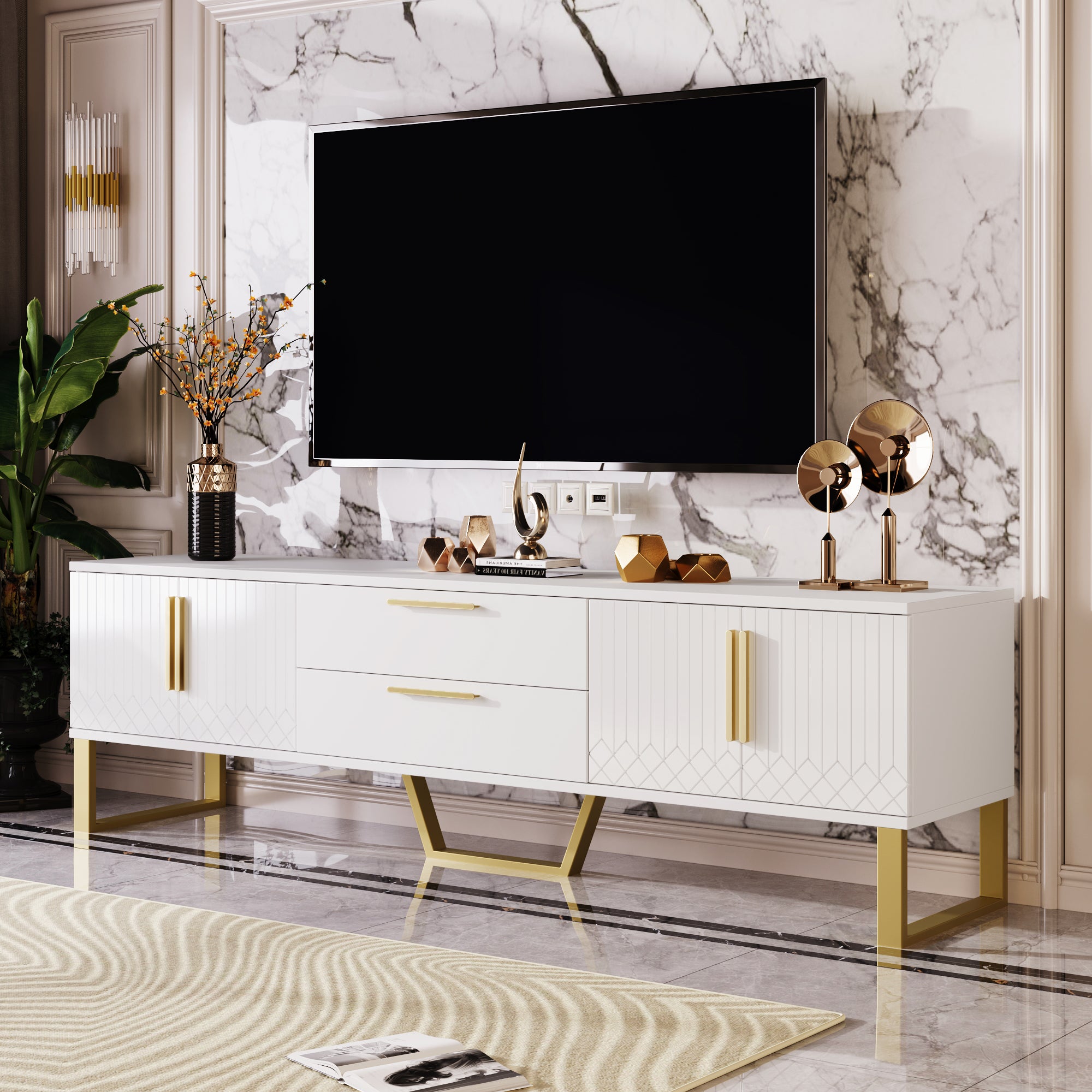 TV Cabinet, High-Gloss with Golden Handles & Engraved Door, Living Room Storage Solution