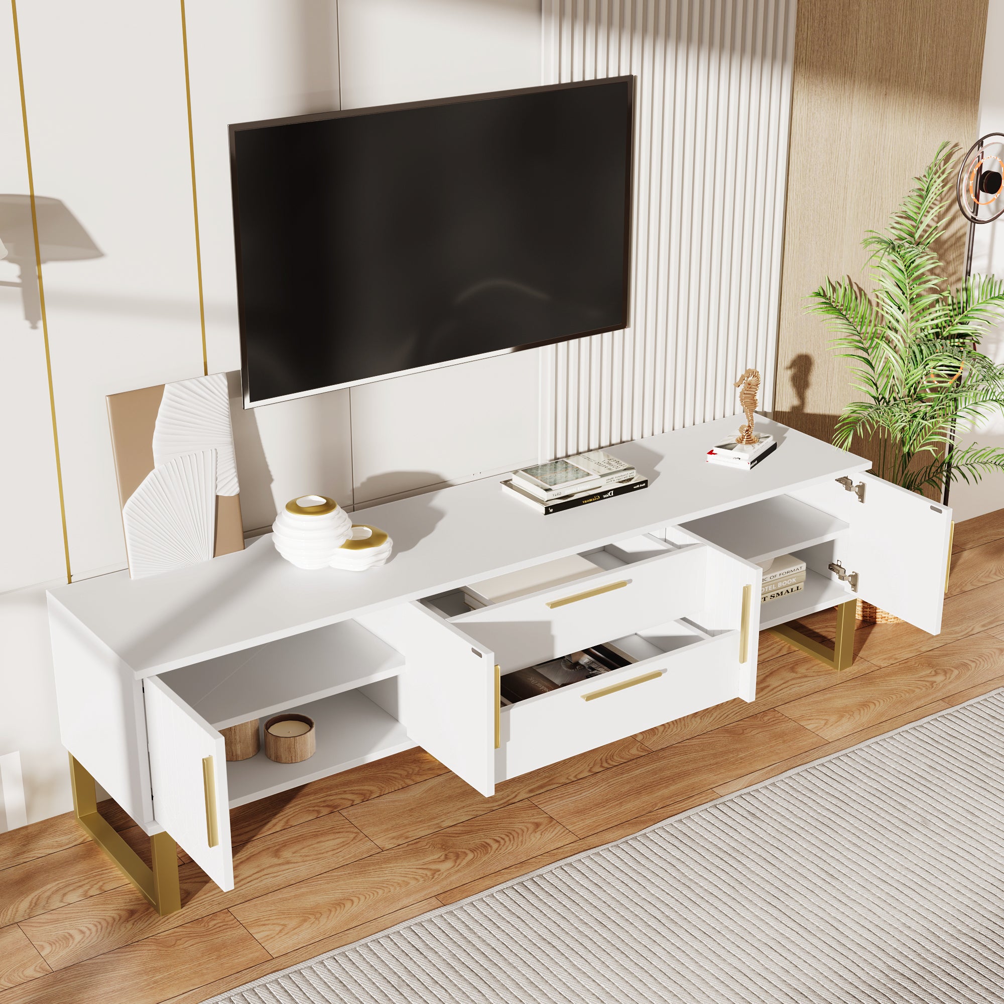 TV Cabinet, High-Gloss with Golden Handles & Engraved Door, Living Room Storage Solution