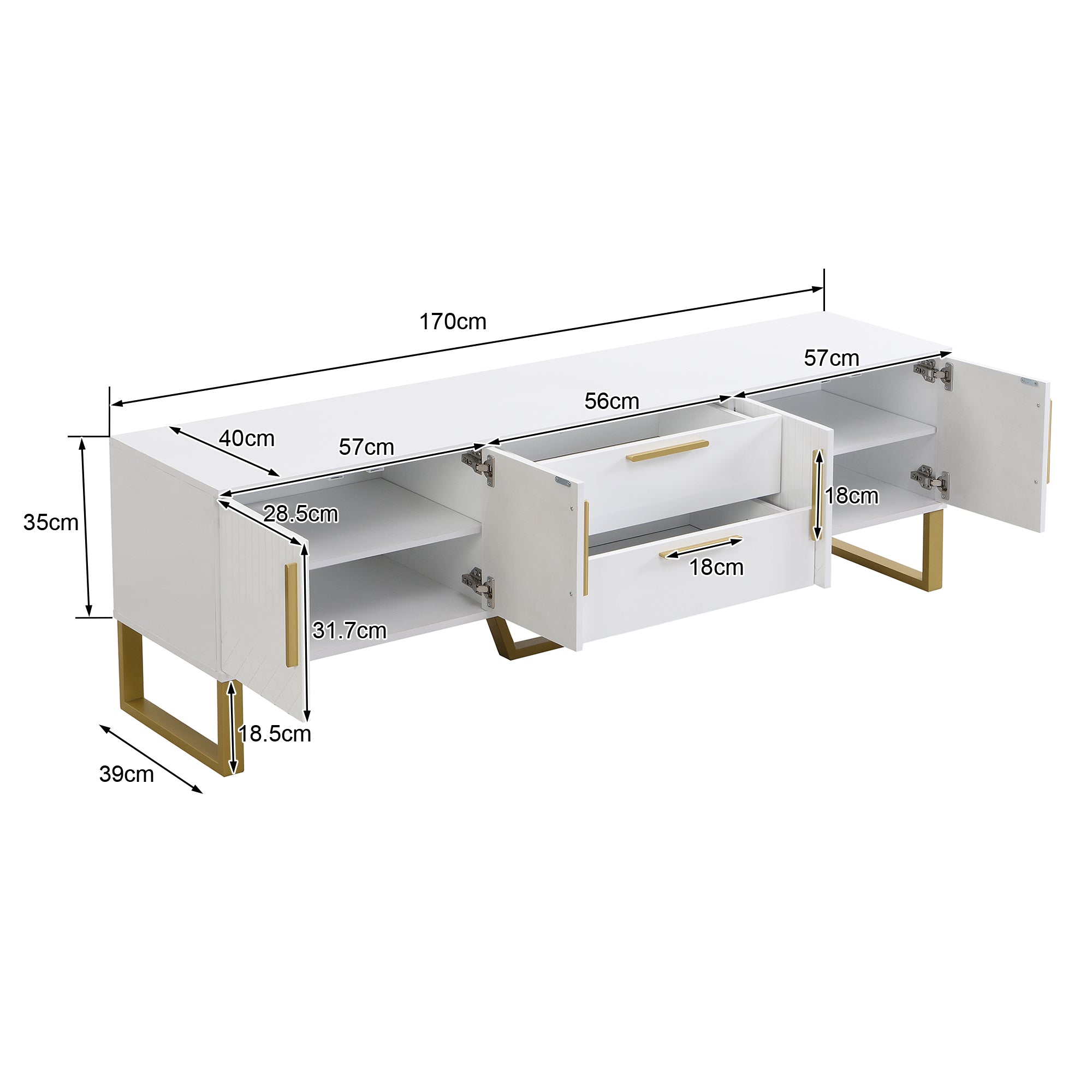 TV Cabinet, High-Gloss with Golden Handles & Engraved Door, Living Room Storage Solution