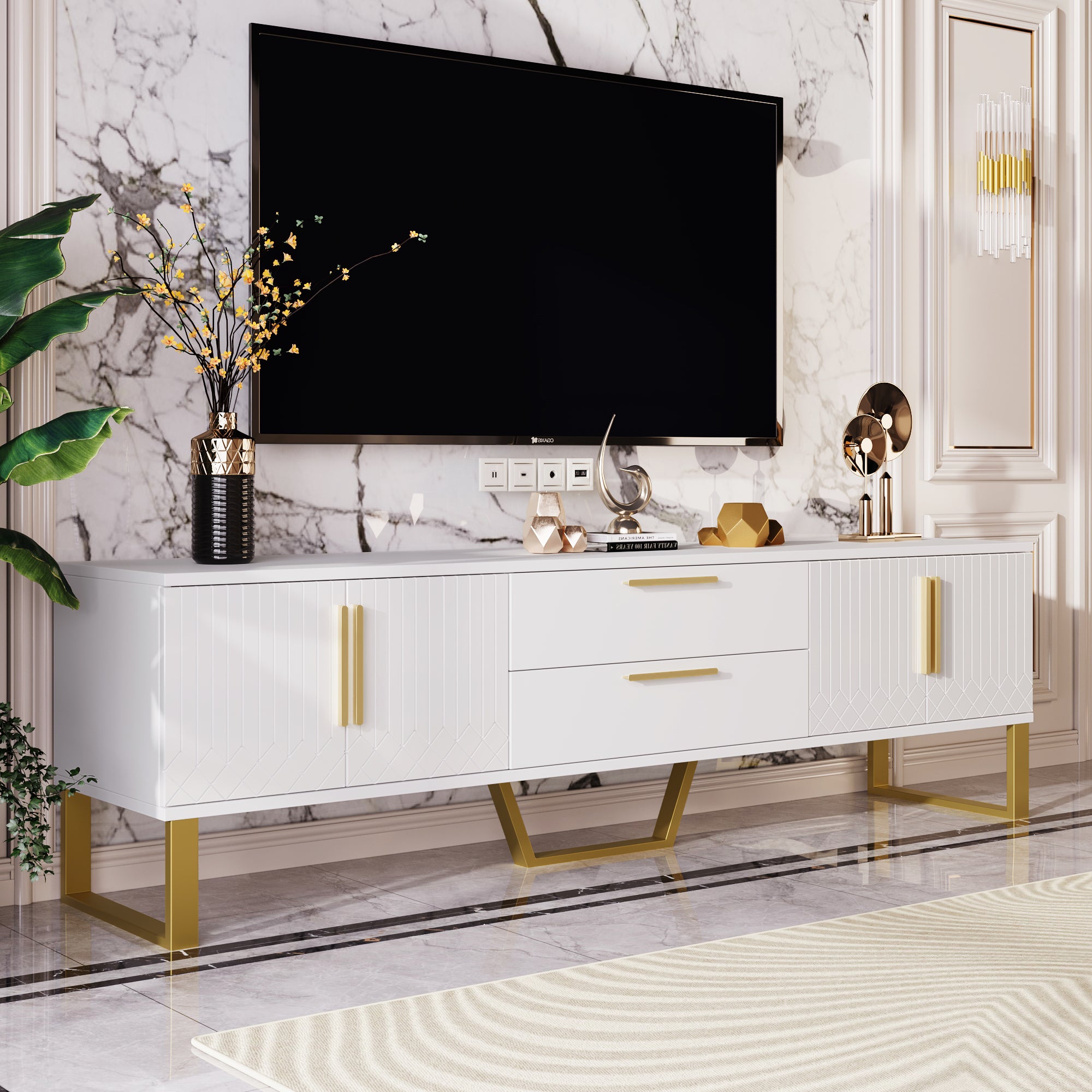 TV Cabinet, High-Gloss with Golden Handles & Engraved Door, Living Room Storage Solution