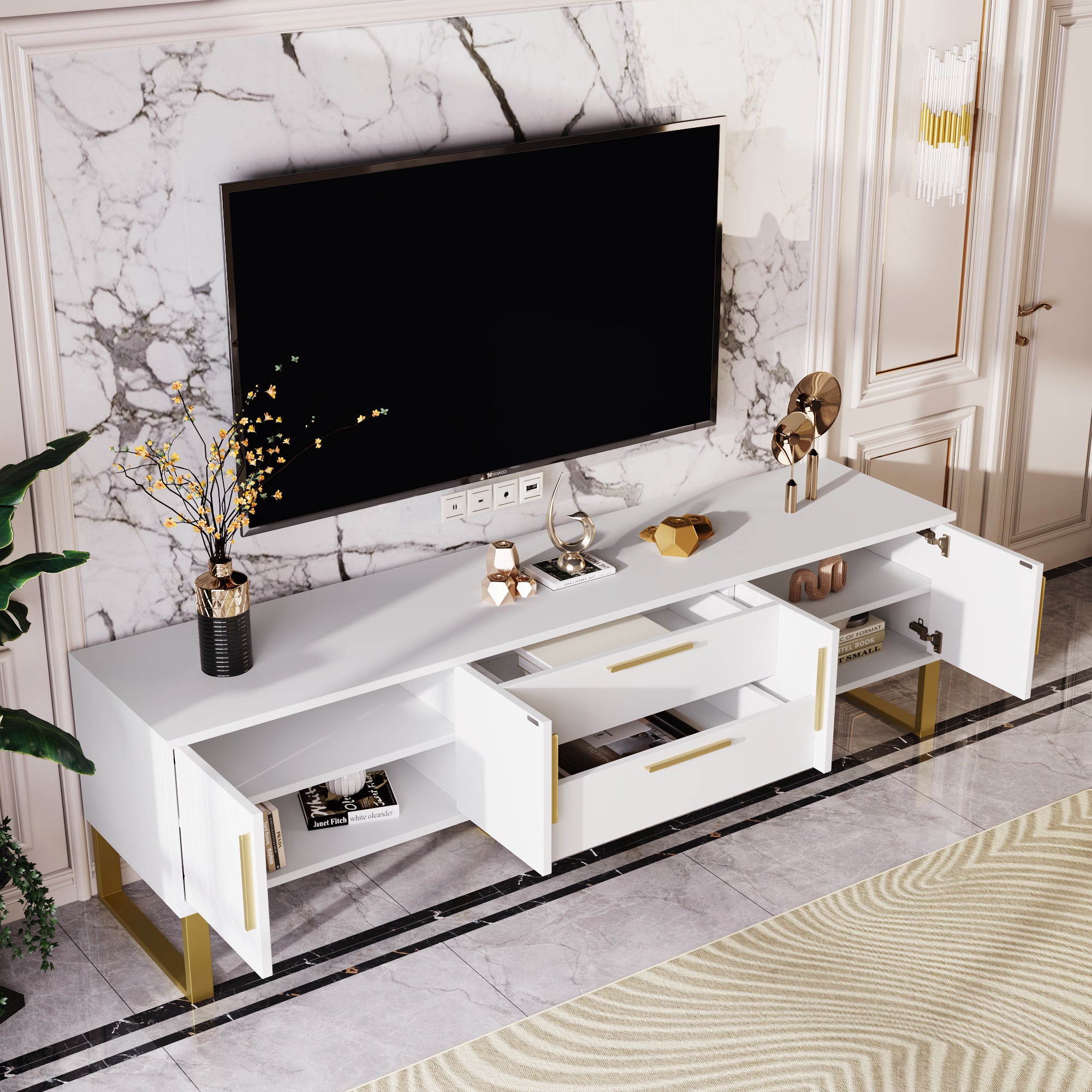 TV Cabinet, High-Gloss with Golden Handles & Engraved Door, Living Room Storage Solution