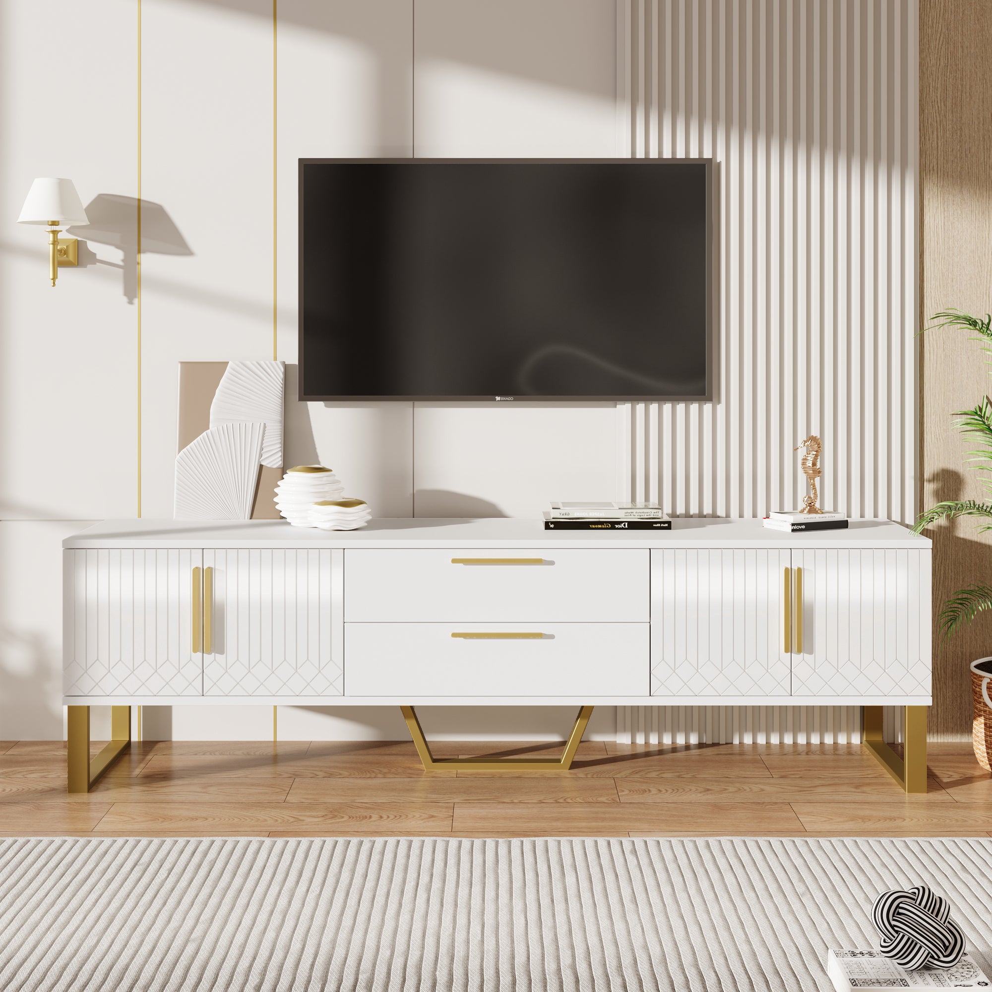 TV Cabinet, High-Gloss with Golden Handles & Engraved Door, Living Room Storage Solution