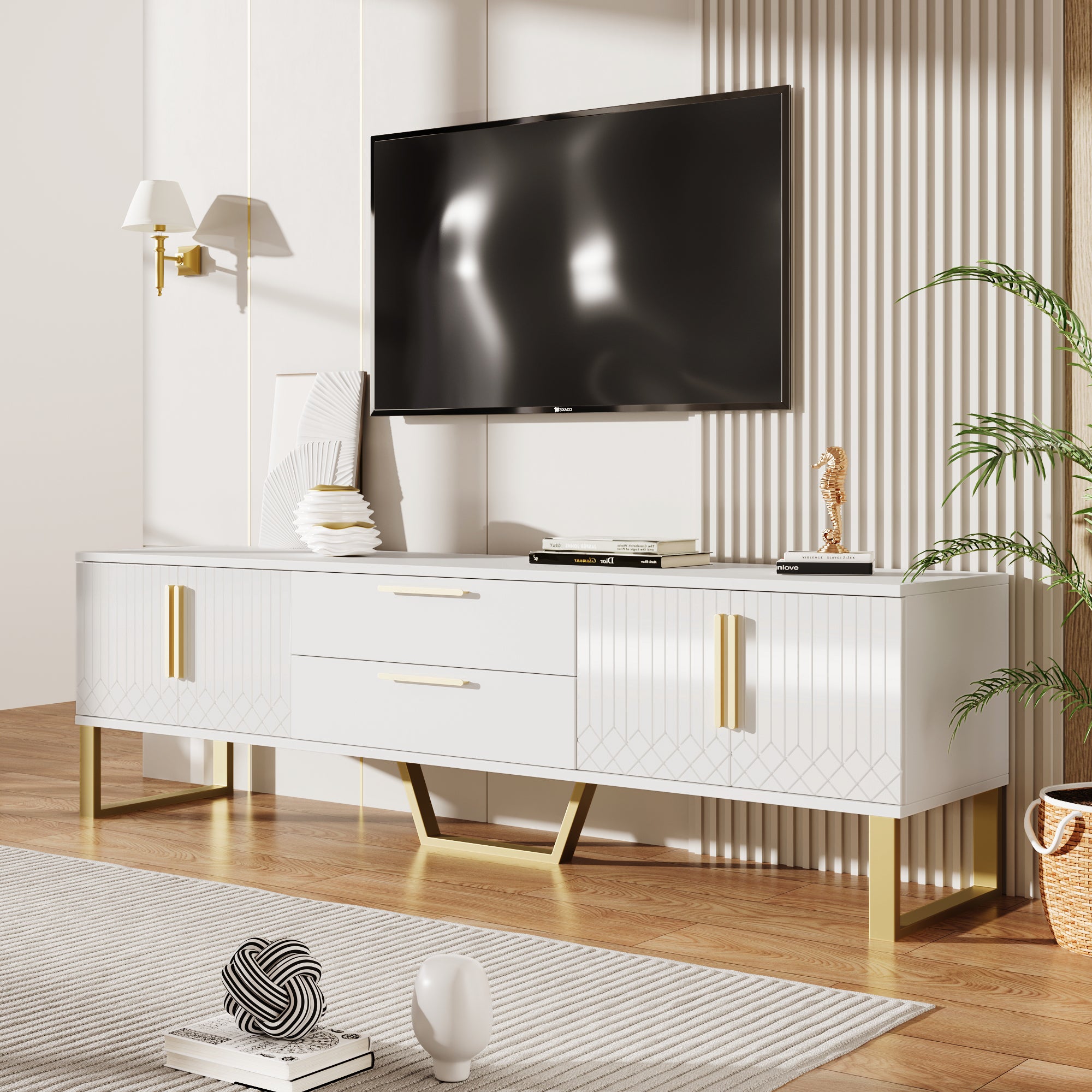 TV Cabinet, High-Gloss with Golden Handles & Engraved Door, Living Room Storage Solution