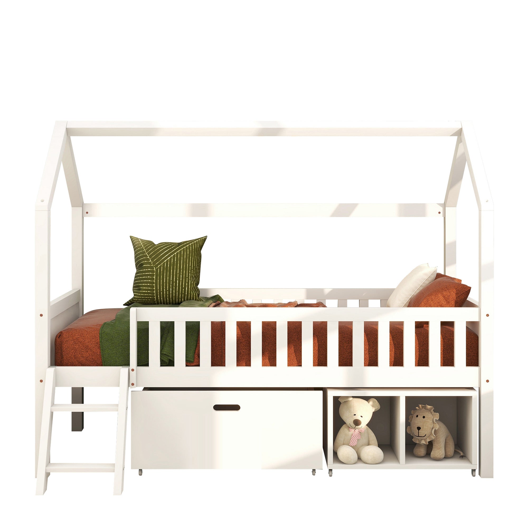 Household Bed, Children's Teen Bed, 90x190cm with Drawers, Storage, Anti-Fall Railings, White