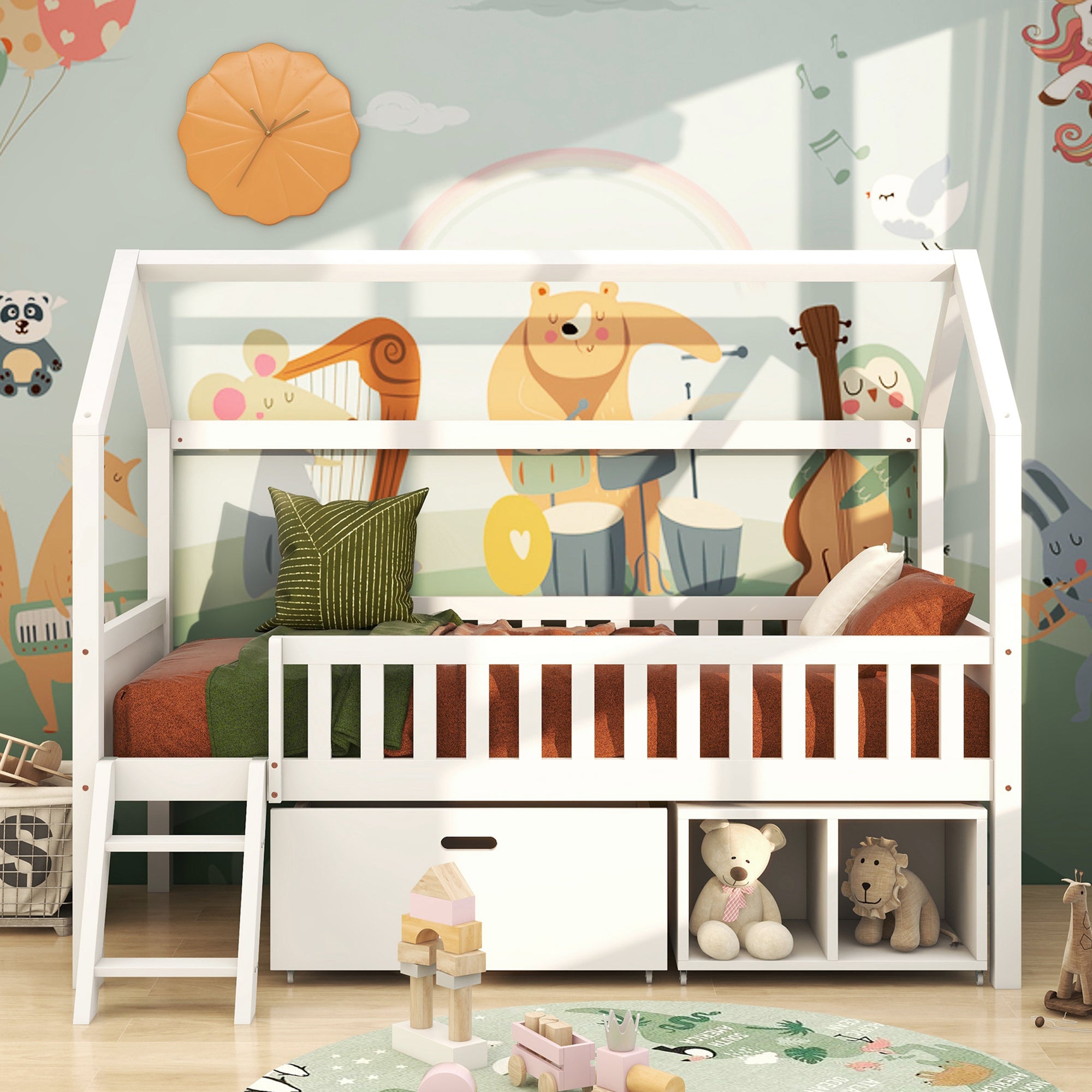 Household Bed, Children's Teen Bed, 90x190cm with Drawers, Storage, Anti-Fall Railings, White