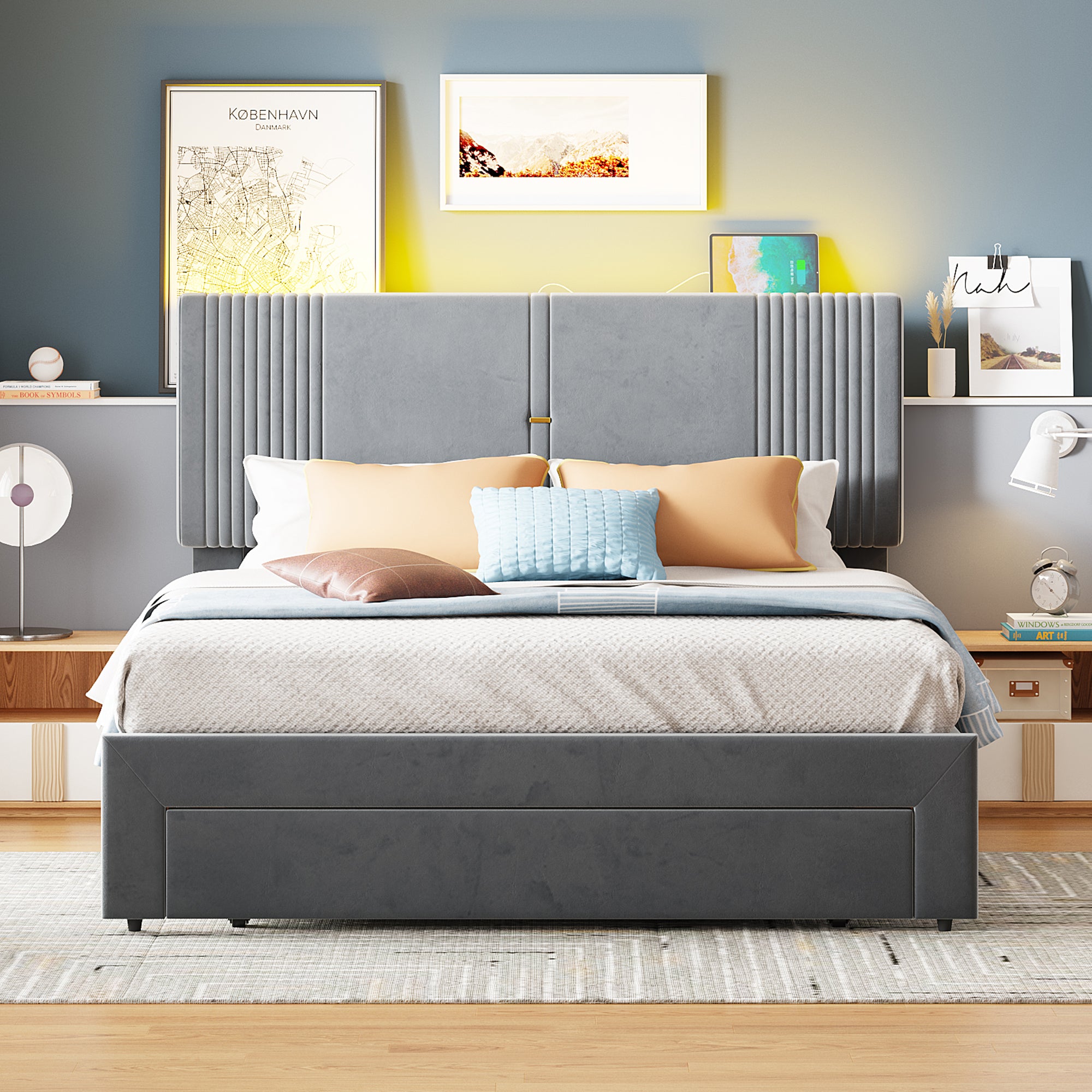 Upholstered Bed, 140x200cm Double with Light Strip & USB Port, Grey Velvet