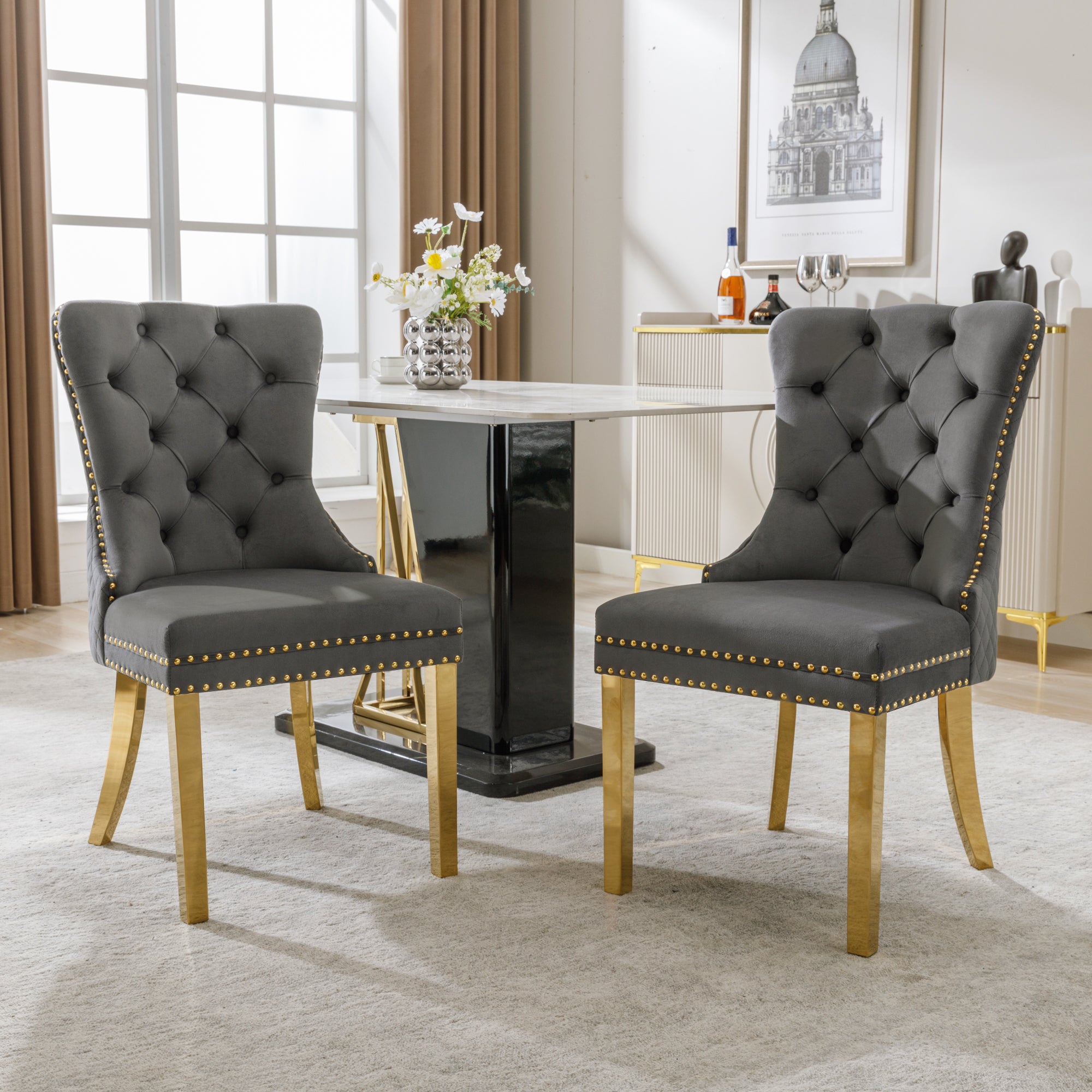 Dining Chair, Upholstered with Nailhead Trim & Pull Rings, Velvet Gray/Gold
