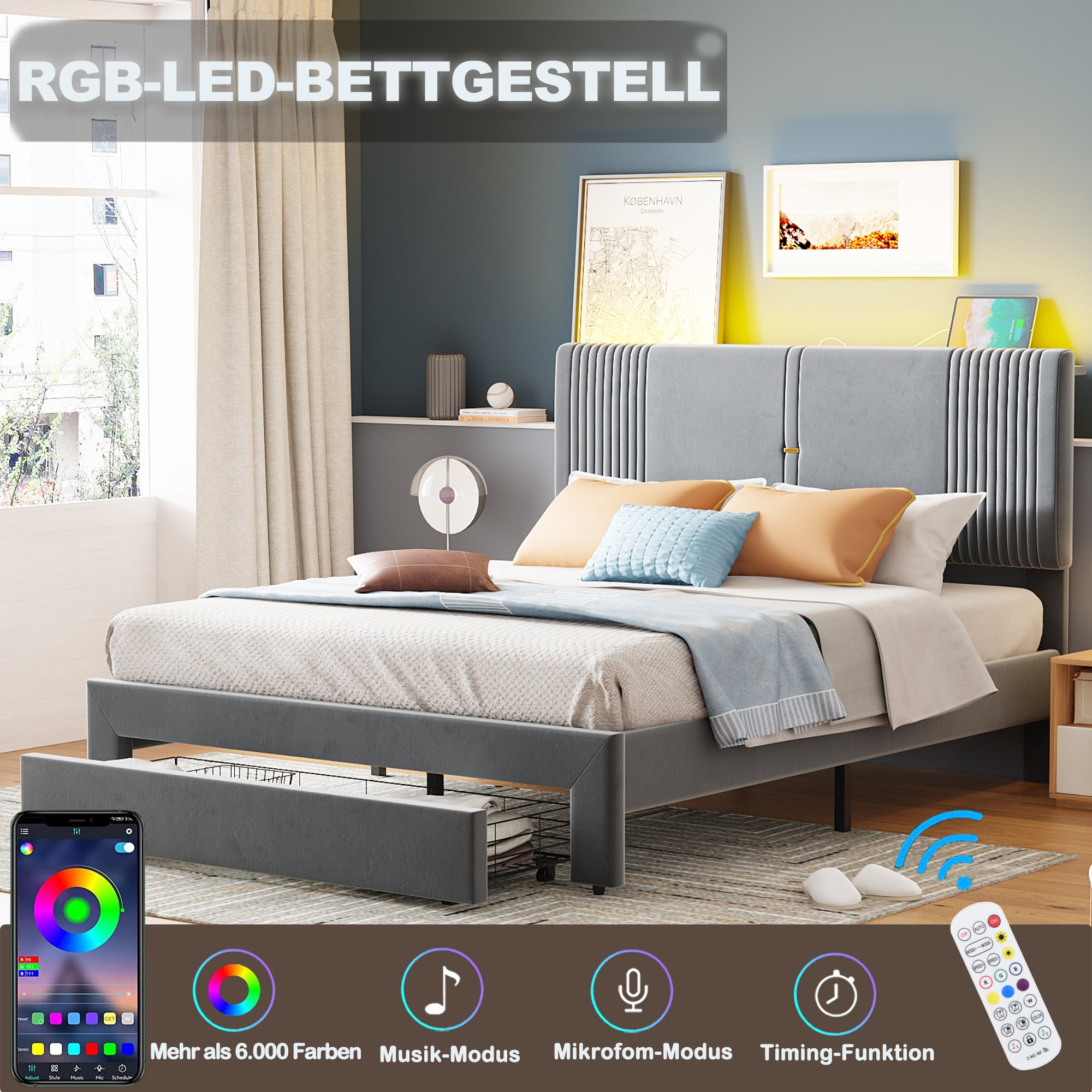 Upholstered Bed, 140x200cm Double with Light Strip & USB Port, Grey Velvet