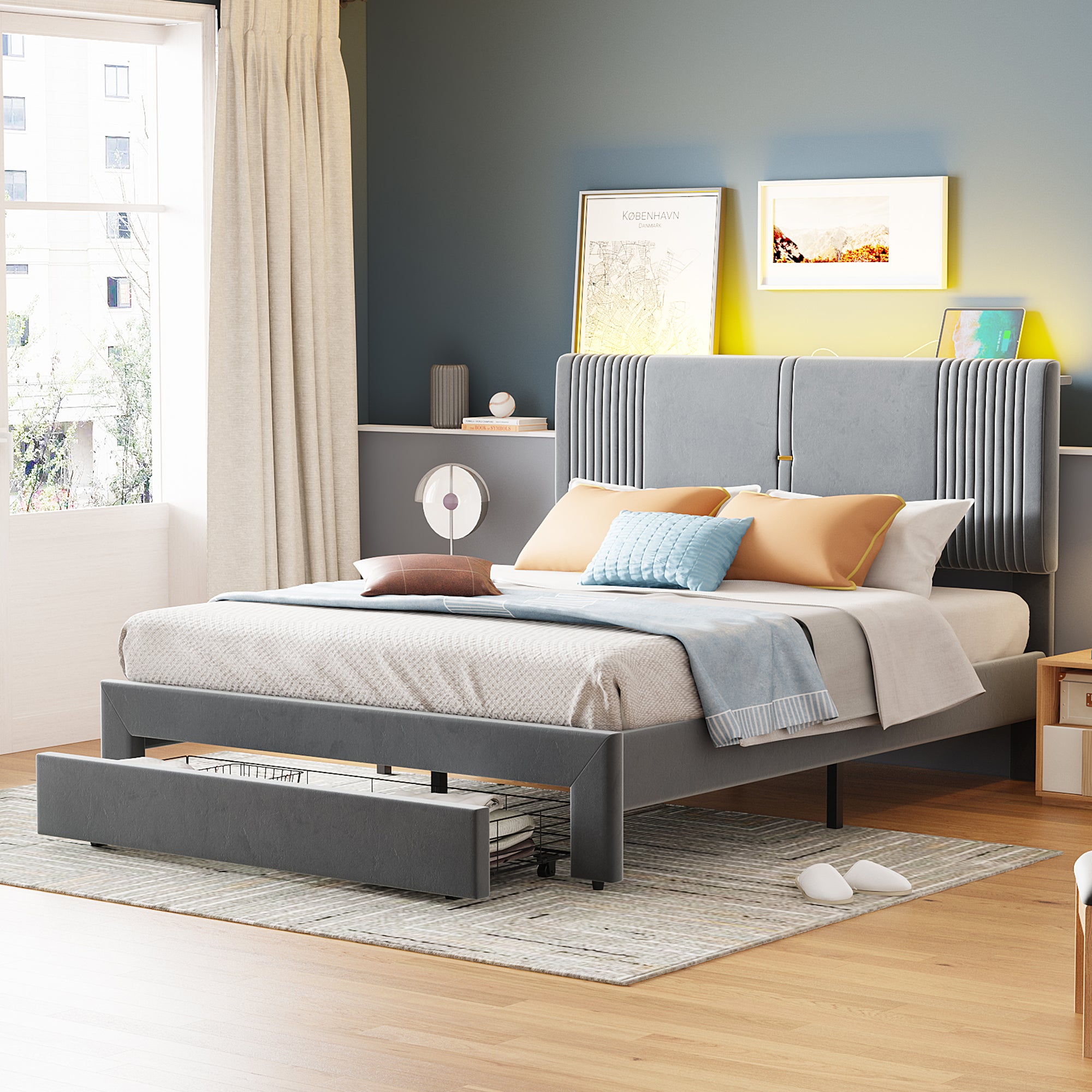 Upholstered Bed, 140x200cm Double with Light Strip & USB Port, Grey Velvet