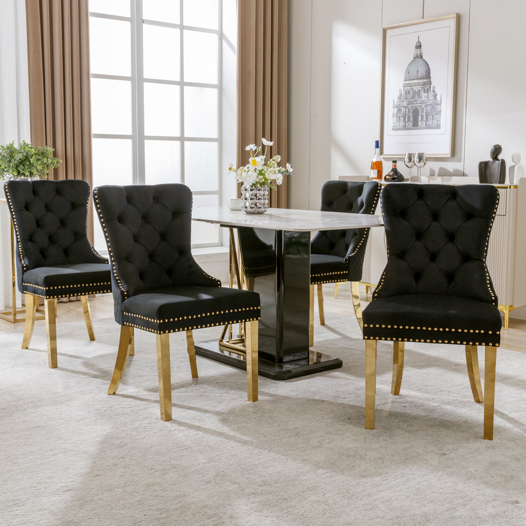 Dining Chair, Upholstered with Nailhead Trim, Velvet Black/Gold (Set of 4)