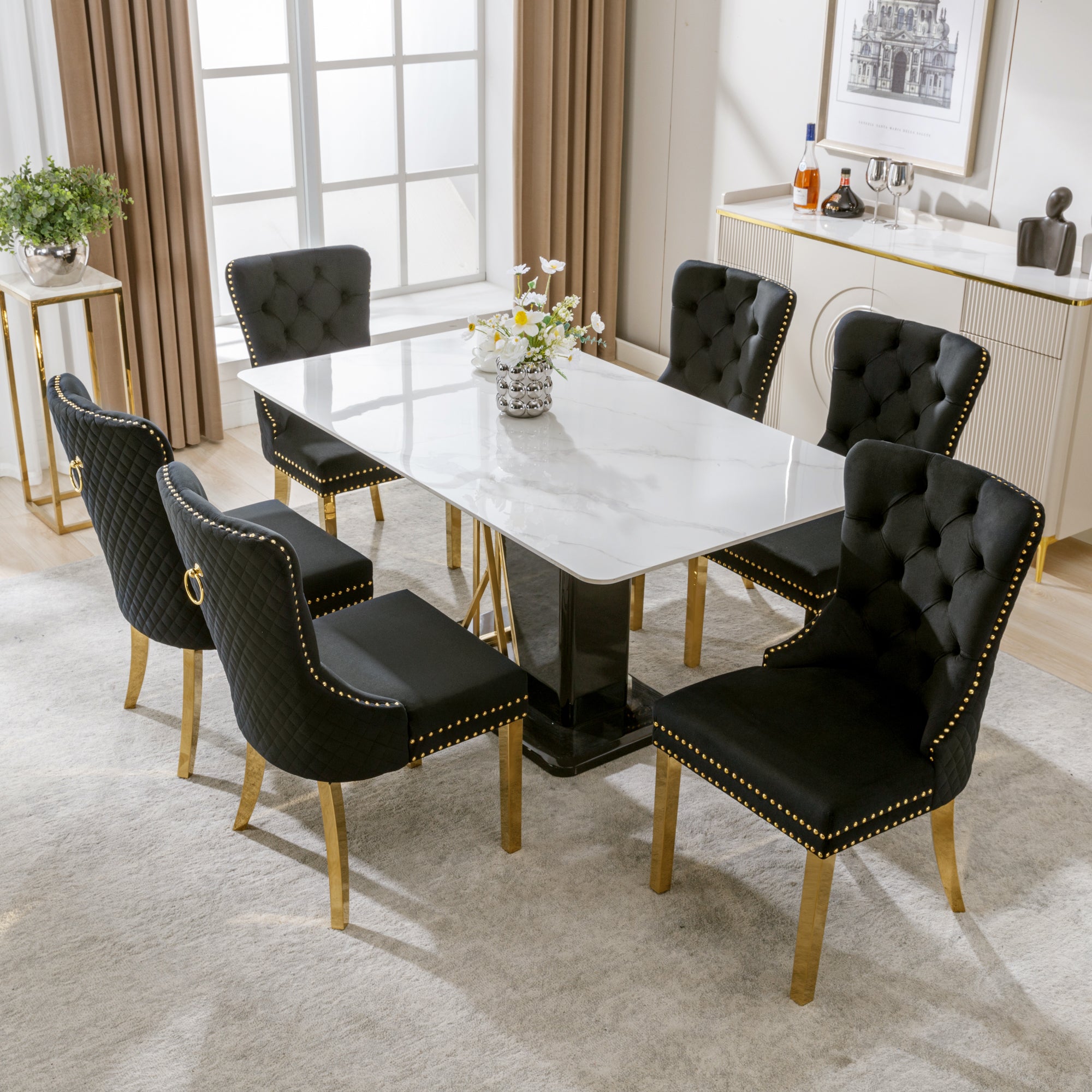 Dining Chair, Upholstered with Nailhead Trim, Velvet Black/Gold (Set of 6)
