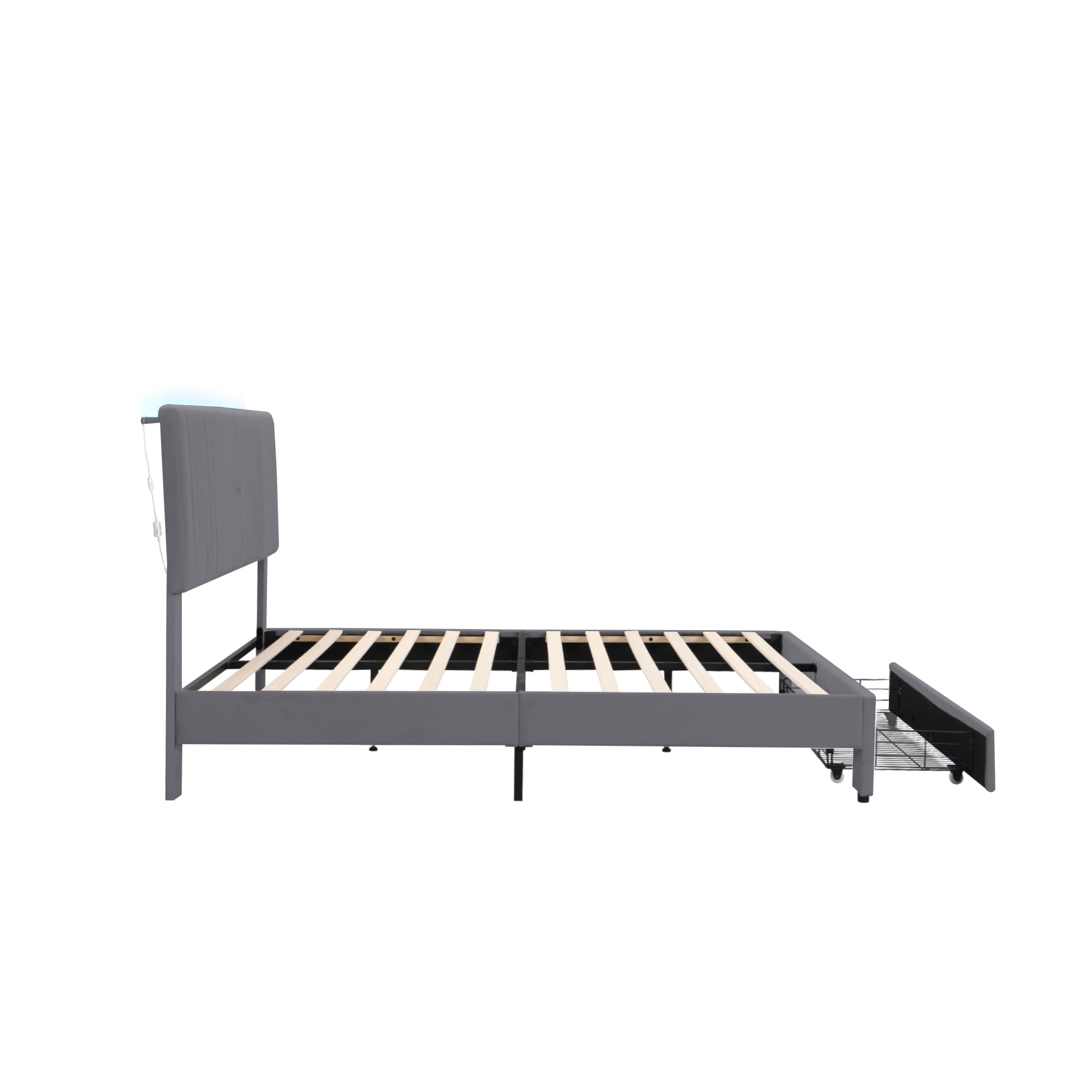 Upholstered Bed, 140x200cm Double with Light Strip & USB Port, Grey Velvet