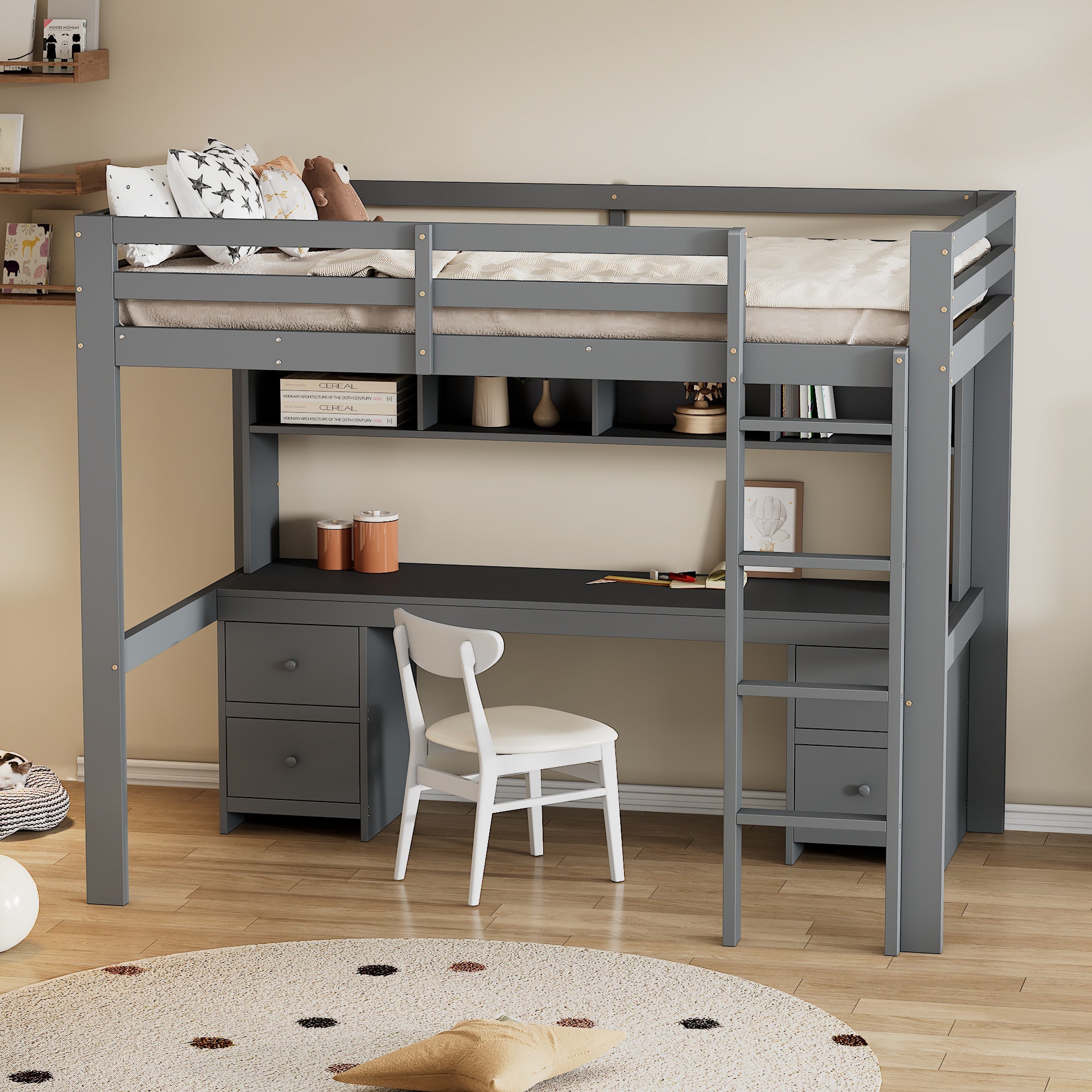 Loft Bed, Children's Bed with Desk, Storage, High Railing, Stable Stairs, Grey