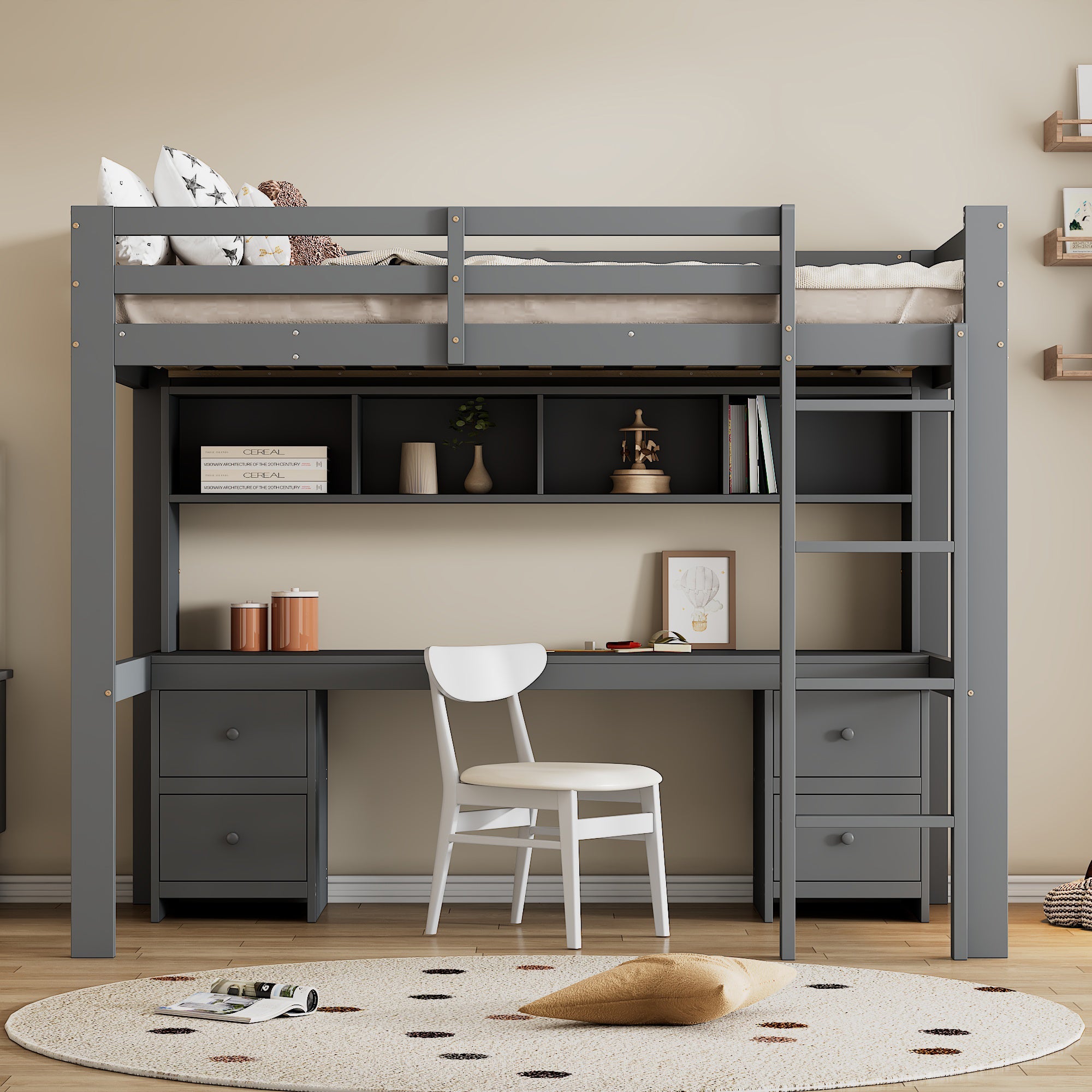 Loft Bed, Children's Bed with Desk, Storage, High Railing, Stable Stairs, Grey