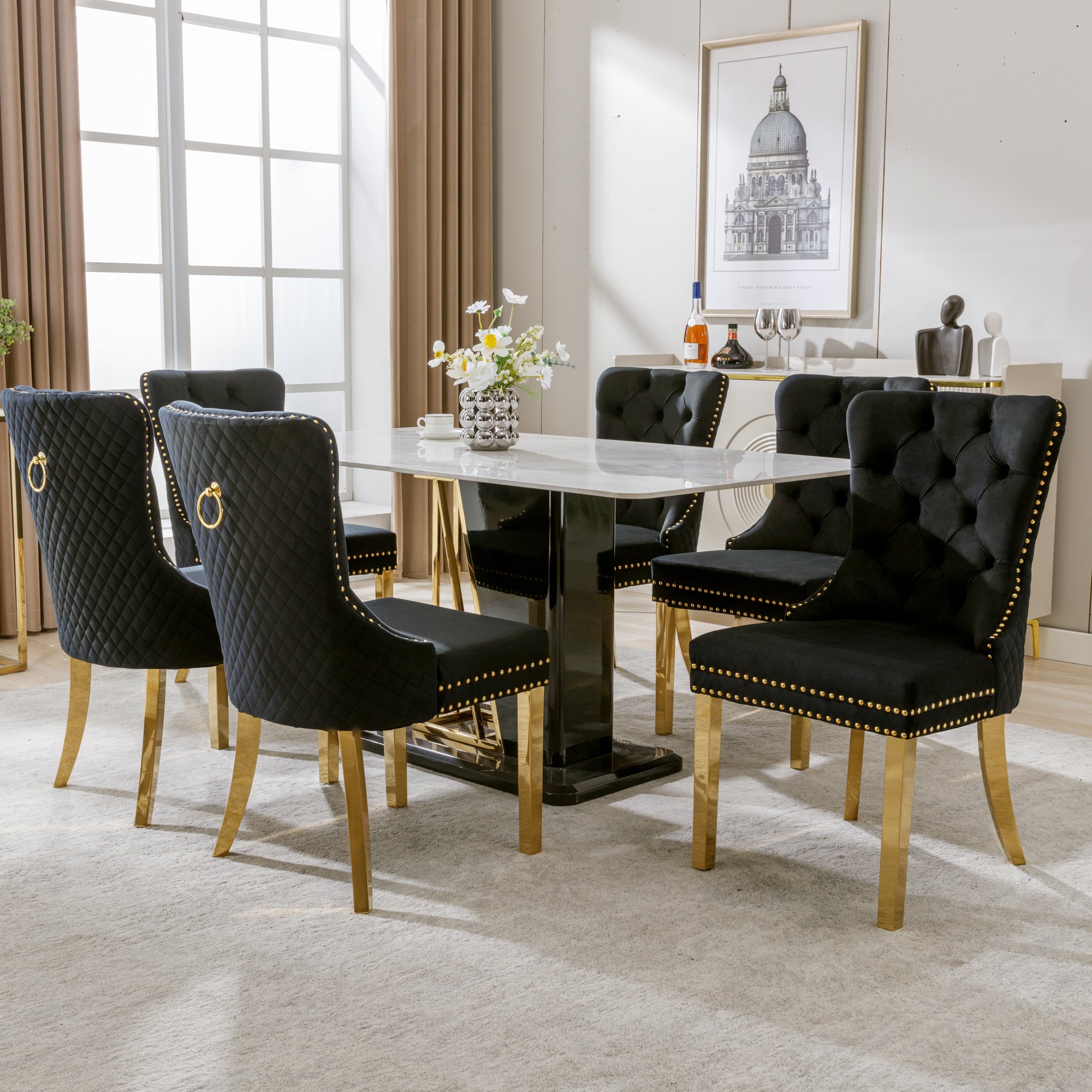 Dining Chair, Upholstered with Nailhead Trim, Velvet Black/Gold (Set of 6)