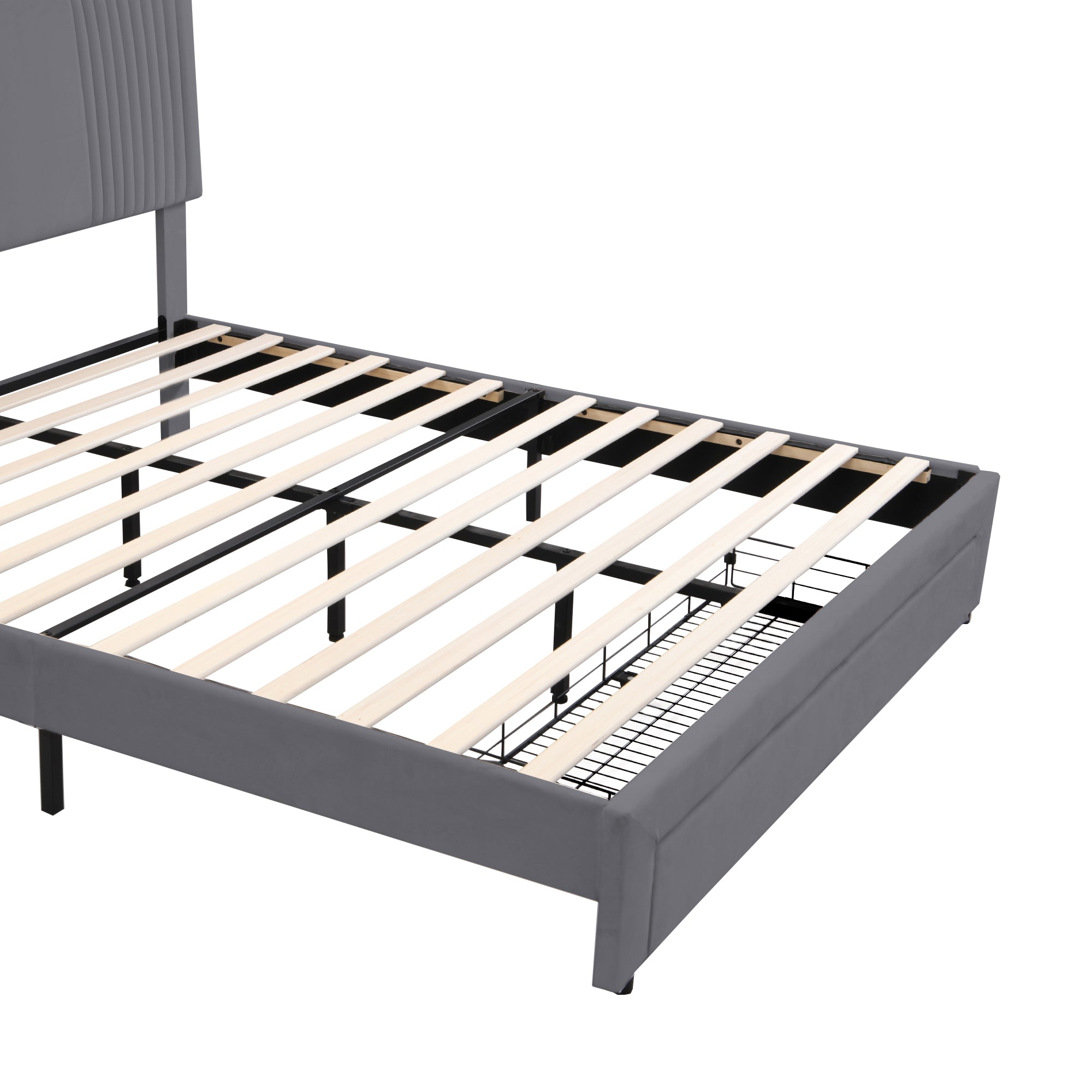 Upholstered Bed, 140x200cm Double with Light Strip & USB Port, Grey Velvet