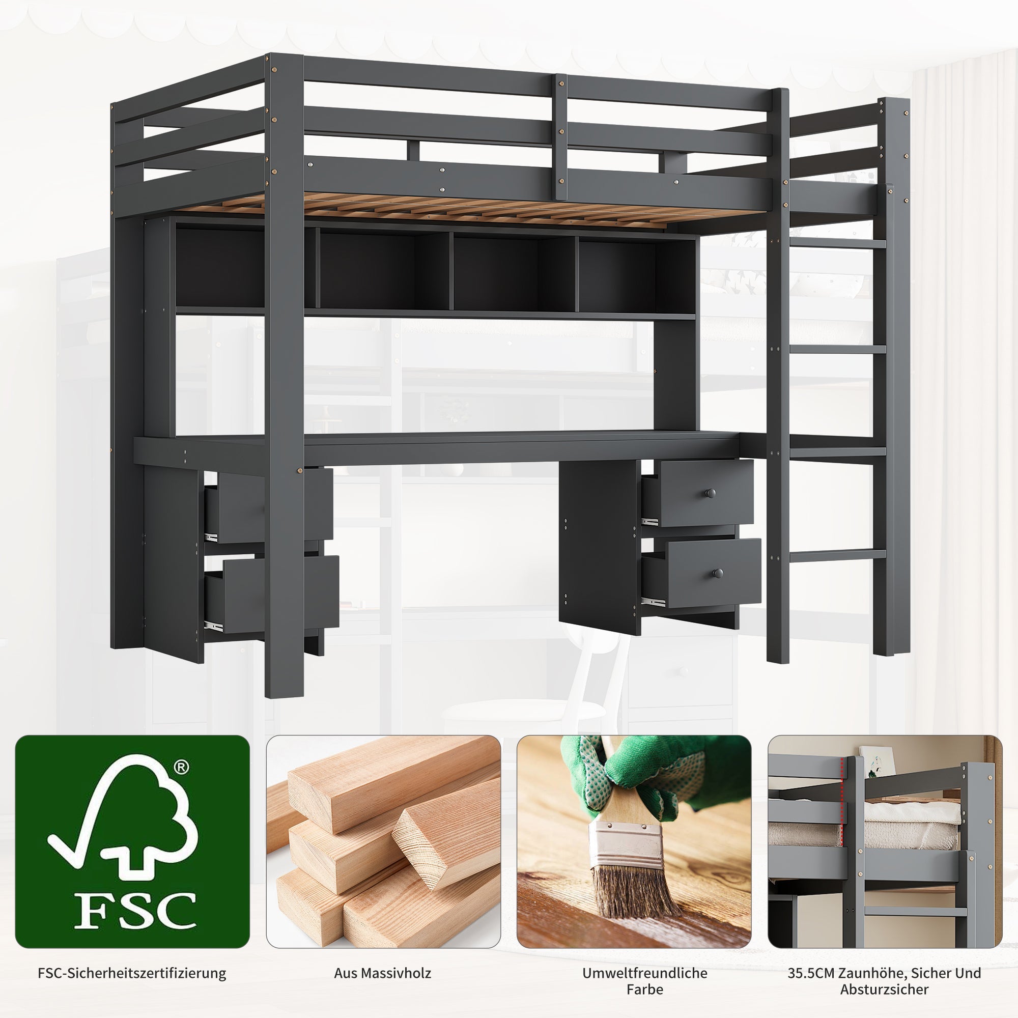 Loft Bed, Children's Bed with Desk, Storage, High Railing, Stable Stairs, Grey