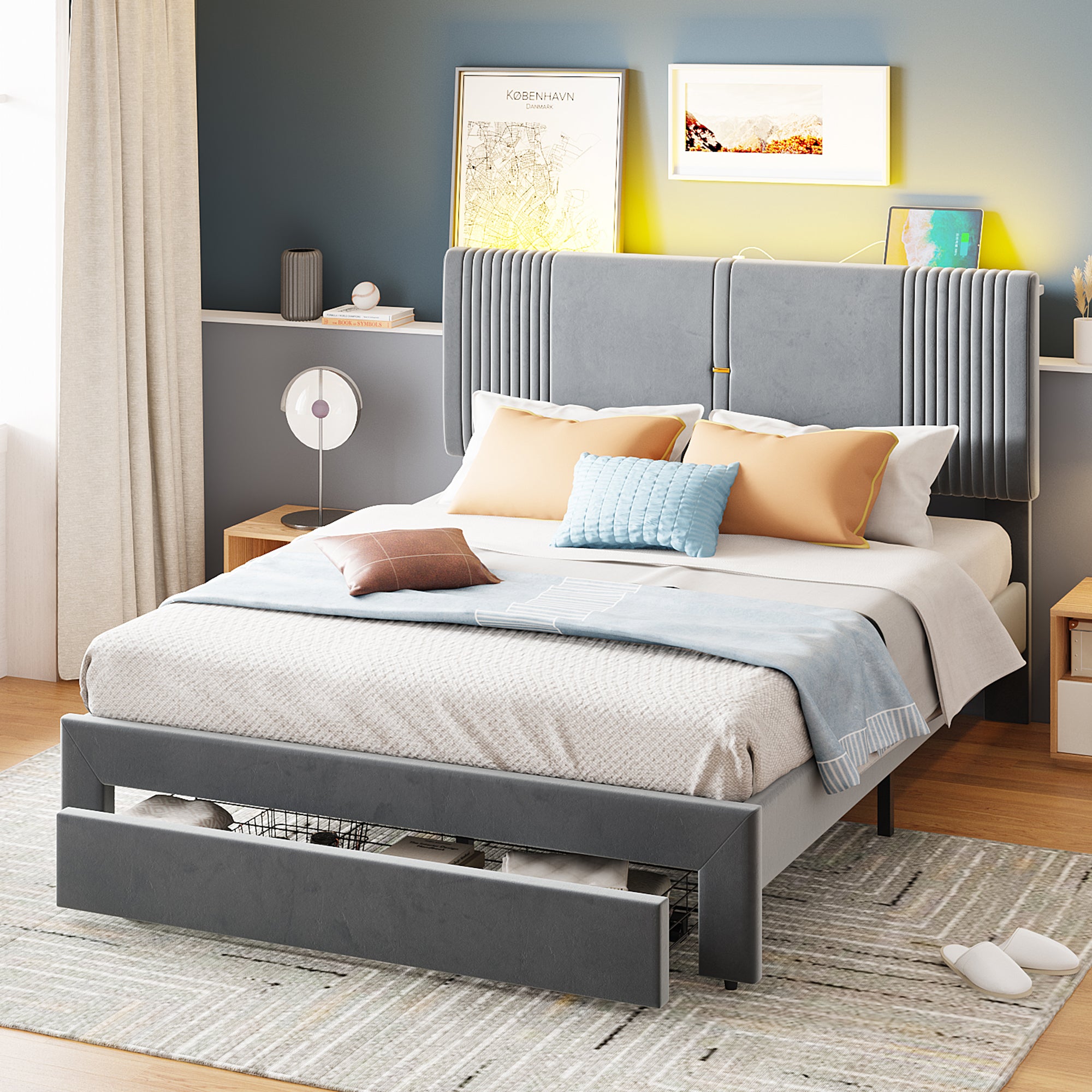 Upholstered Bed, 140x200cm Double with Light Strip & USB Port, Grey Velvet