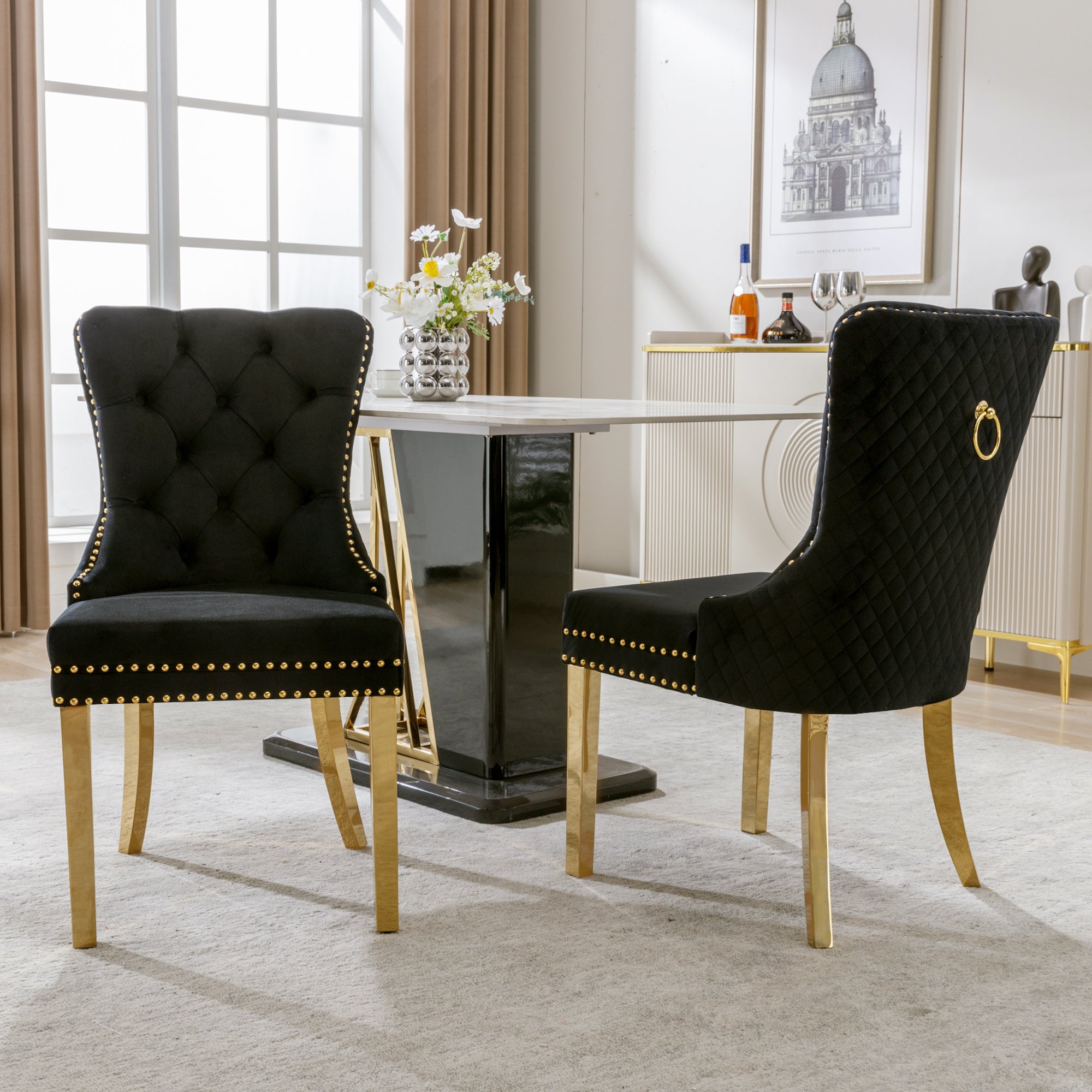 Dining Chair, Upholstered with Nailhead Trim, Velvet Black/Gold