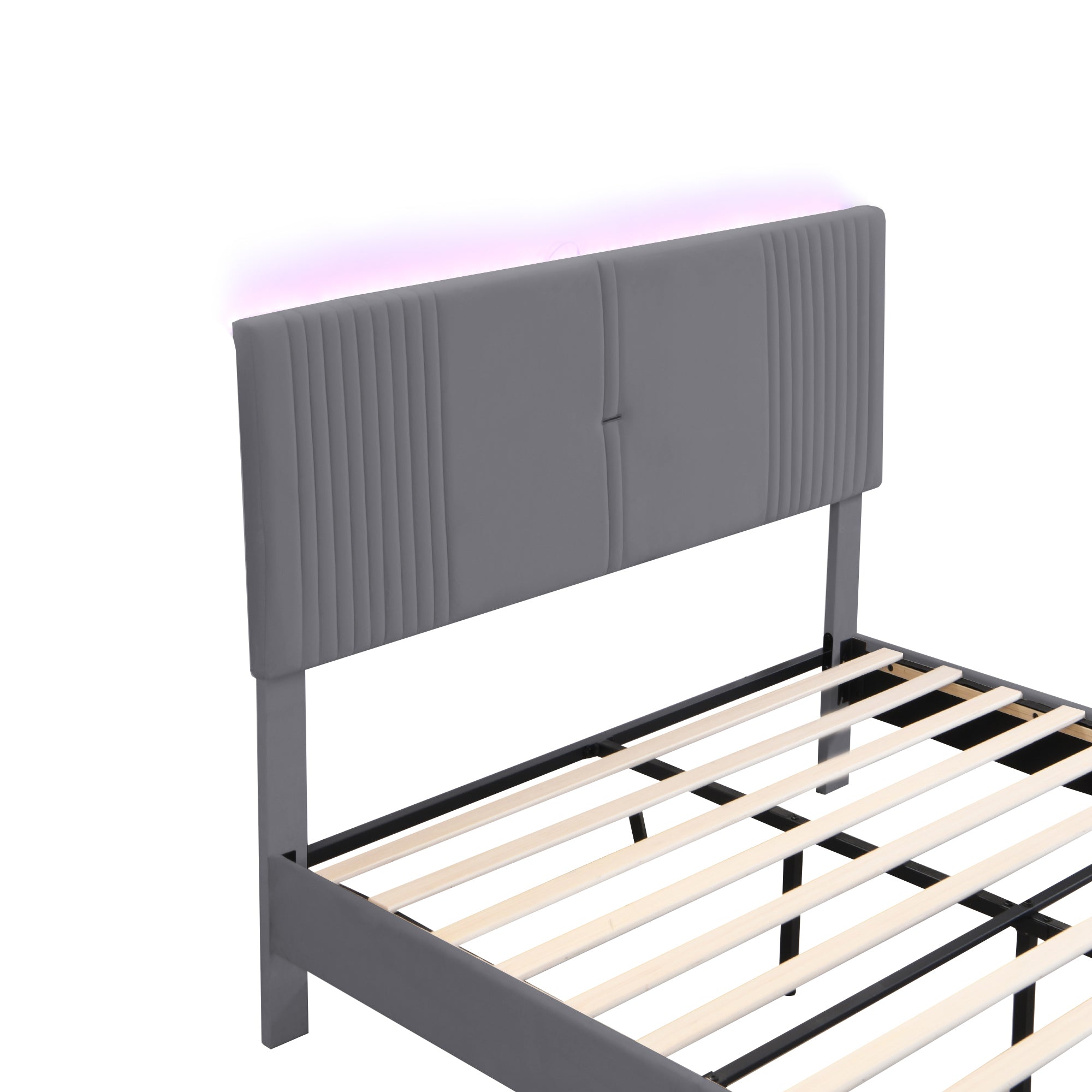 Upholstered Bed, 140x200cm Double with Light Strip & USB Port, Grey Velvet