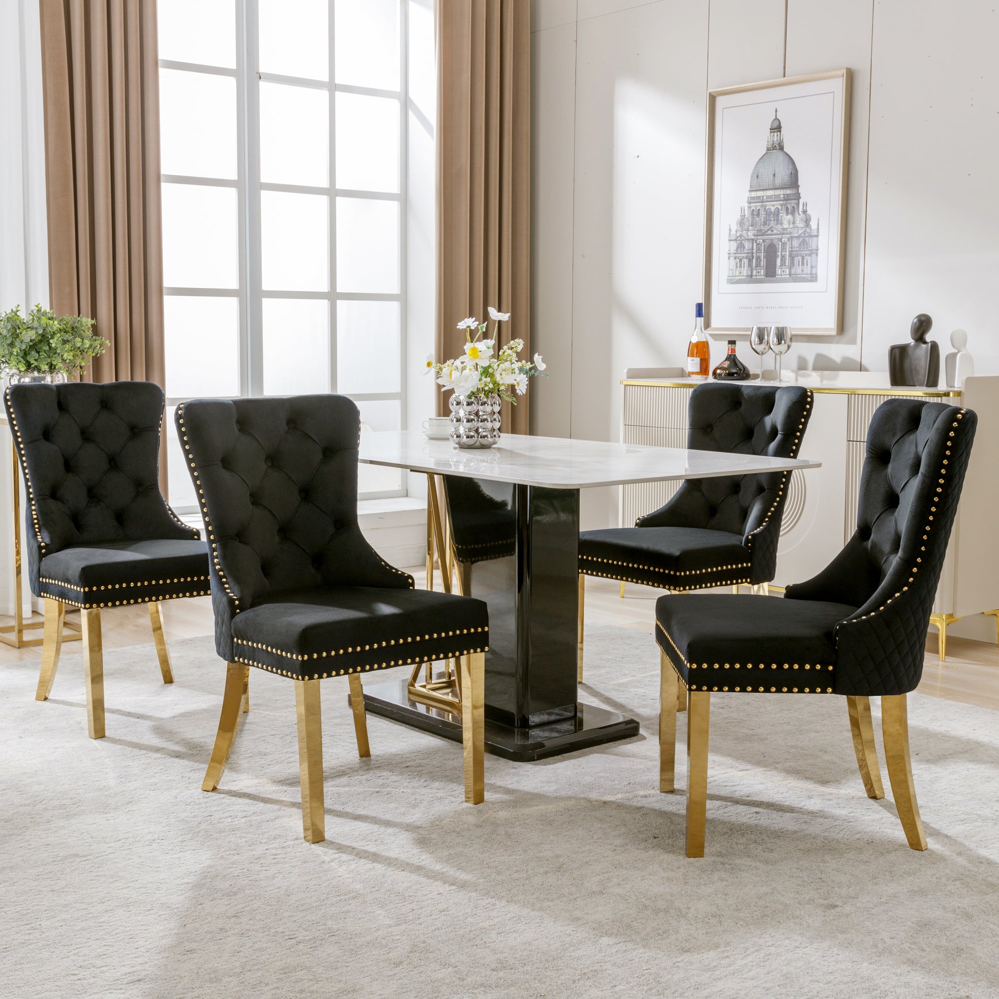 Dining Chair, Upholstered with Nailhead Trim, Velvet Black/Gold (Set of 4)