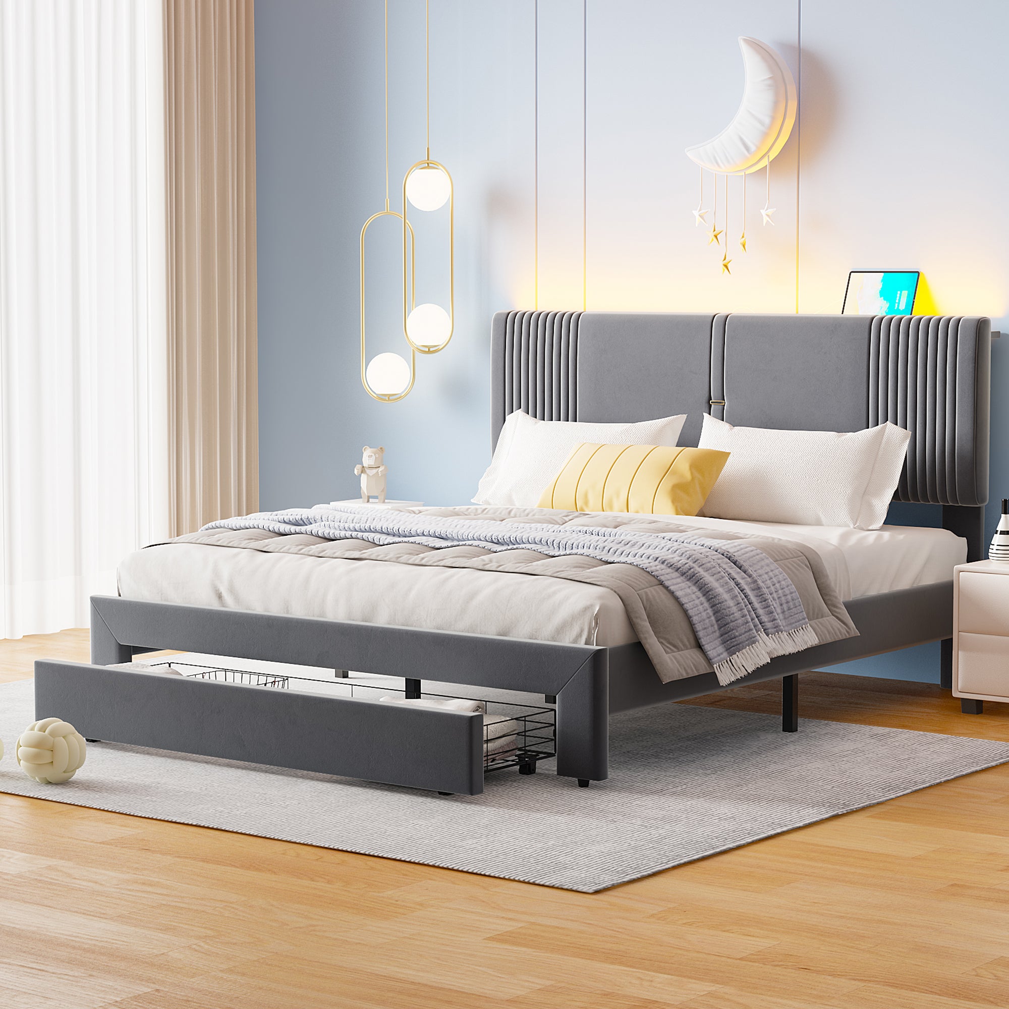 Upholstered Bed, 160x200cm Double with Light Strip, USB Port & Storage Drawer, Grey Velvet