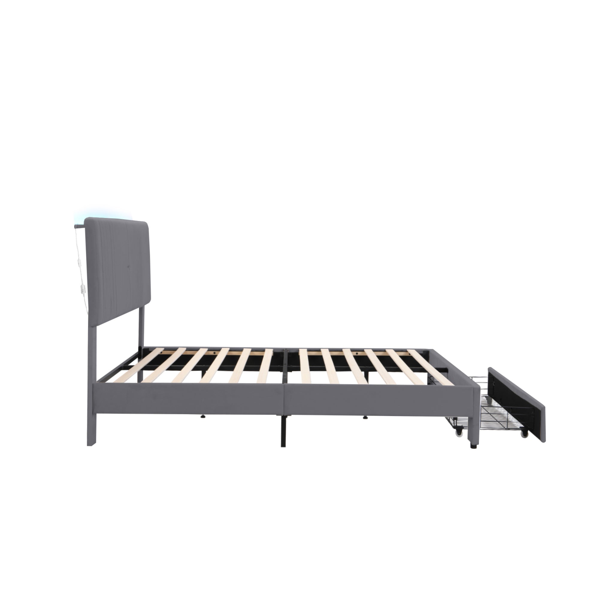 Upholstered Bed, 160x200cm Double with Light Strip, USB Port & Storage Drawer, Grey Velvet