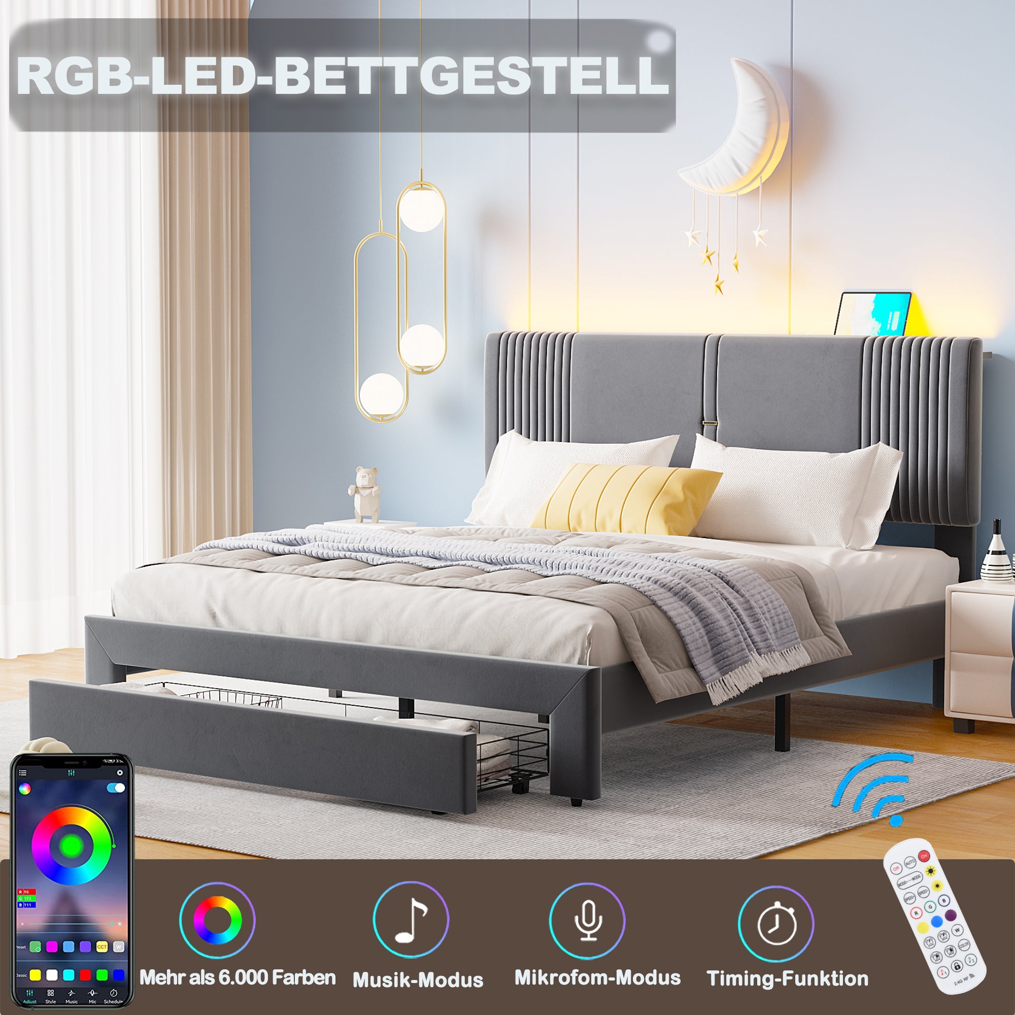 Upholstered Bed, 160x200cm Double with Light Strip, USB Port & Storage Drawer, Grey Velvet