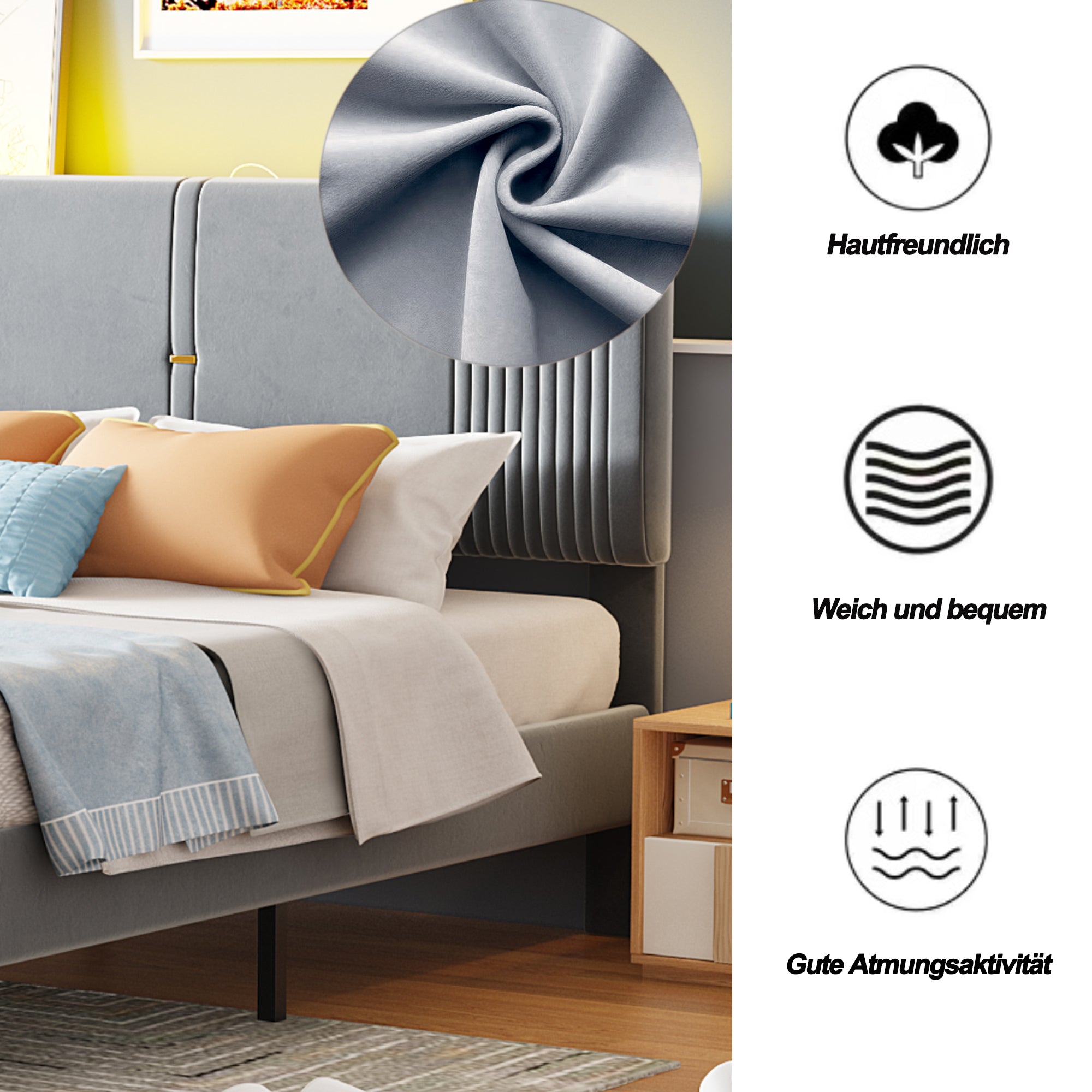 Upholstered Bed, 160x200cm Double with Light Strip, USB Port & Storage Drawer, Grey Velvet