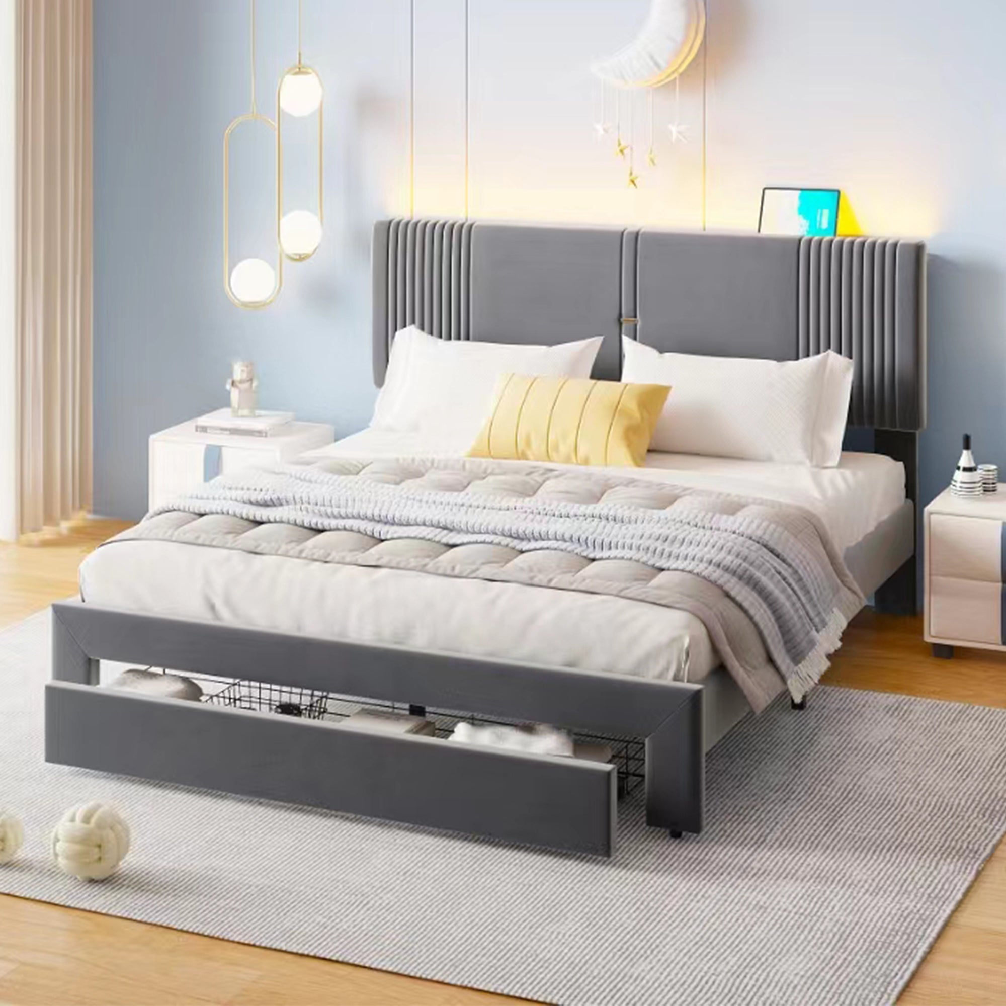 Upholstered Bed, 160x200cm Double with Light Strip, USB Port & Storage Drawer, Grey Velvet