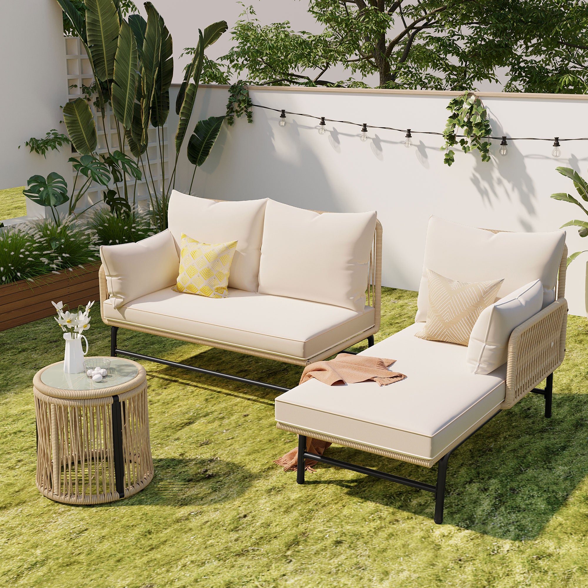 Garden Lounge Set with Iron Frame and Woven Rope, Beige
