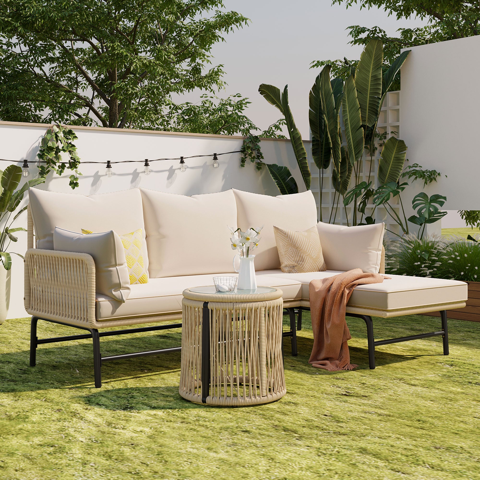 Garden Lounge Set with Iron Frame and Woven Rope, Beige