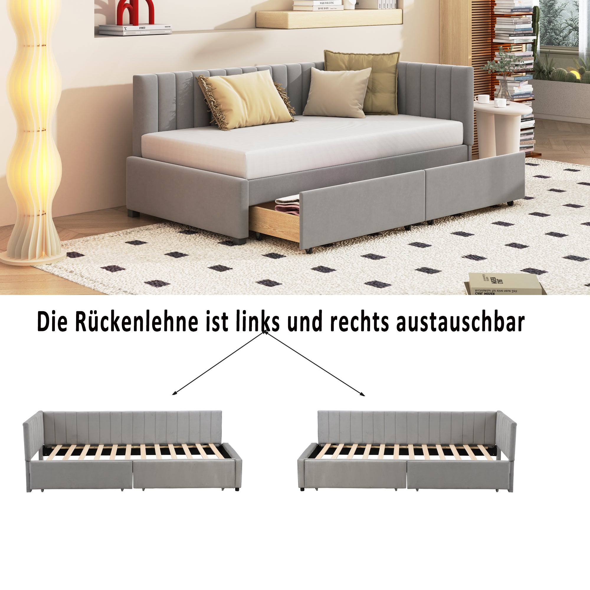 Upholstered Bed Sofa, 90*200 Multifunctional with 2 Storage Drawers, Gray Velvet